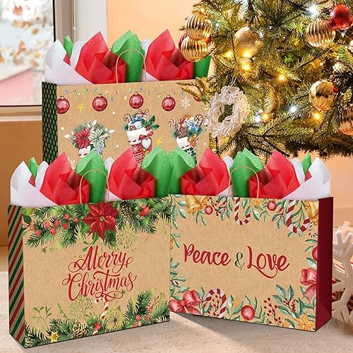 Miniatura 4 de Zachely 12 bolsas de regalo de Navidad extra grandes con 12 papel de seda, bolsas de papel kraft jumbo a granel para regalos, 6 estilos de bolsas de
