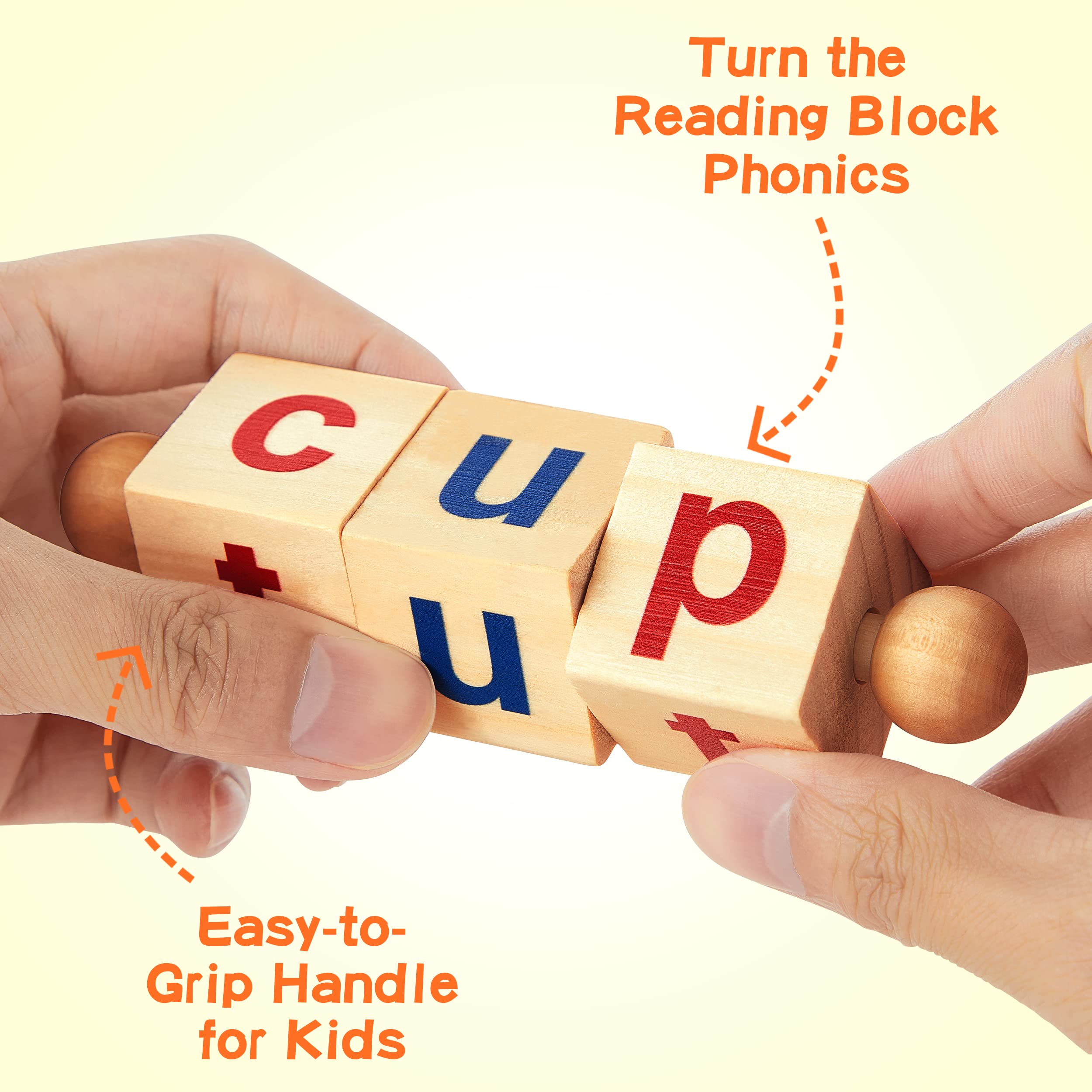 Wooden Montessori Reading Blocks Flash Cards Short Vowel Rods Spelling Game Turning