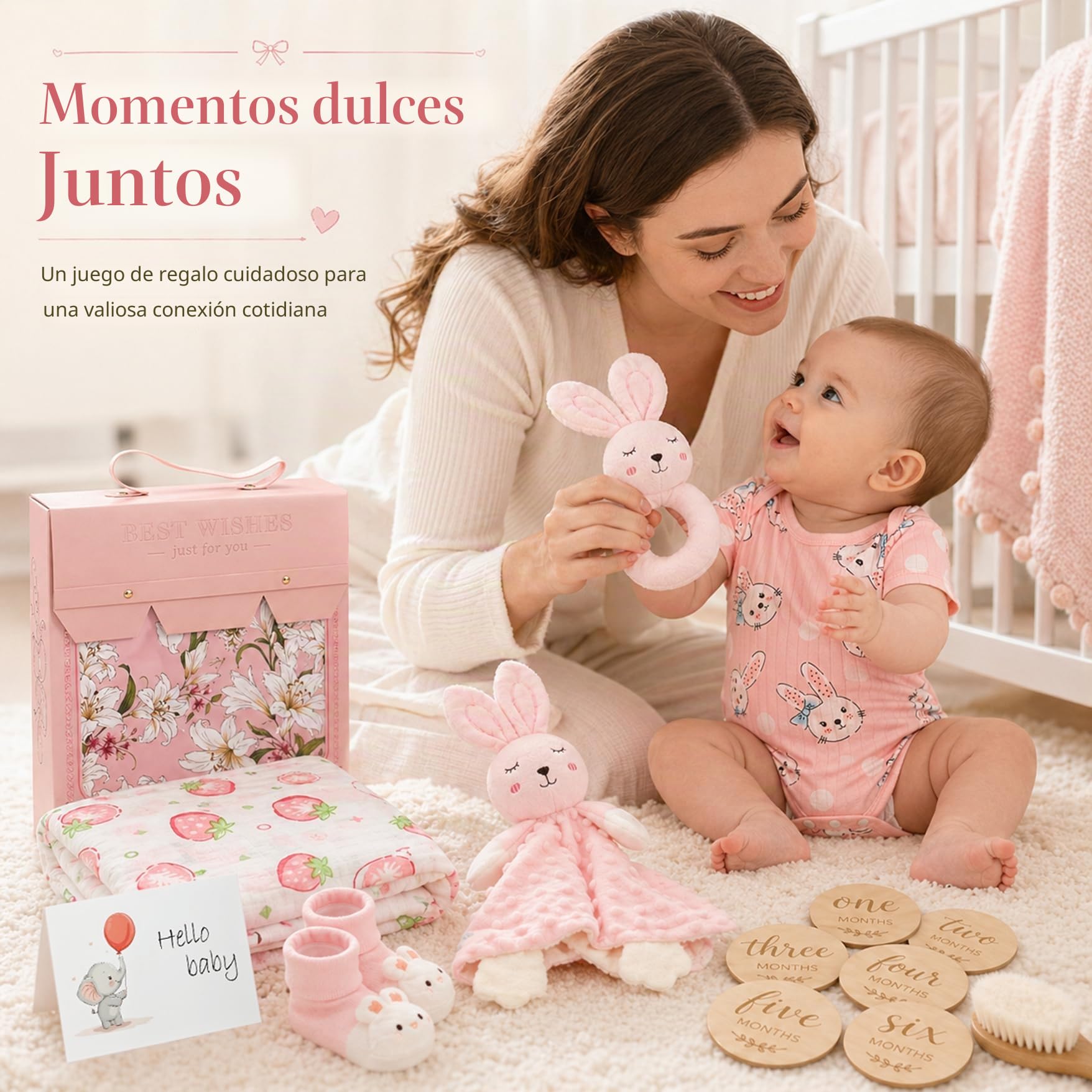 Set de regalo para recién nacidos – 15 piezas: manta, body, mordedor, cepillo de madera, tarjetas de hitos, babero, calcetines antideslizantes, caja de recuerdos y tarjeta de felicitación.