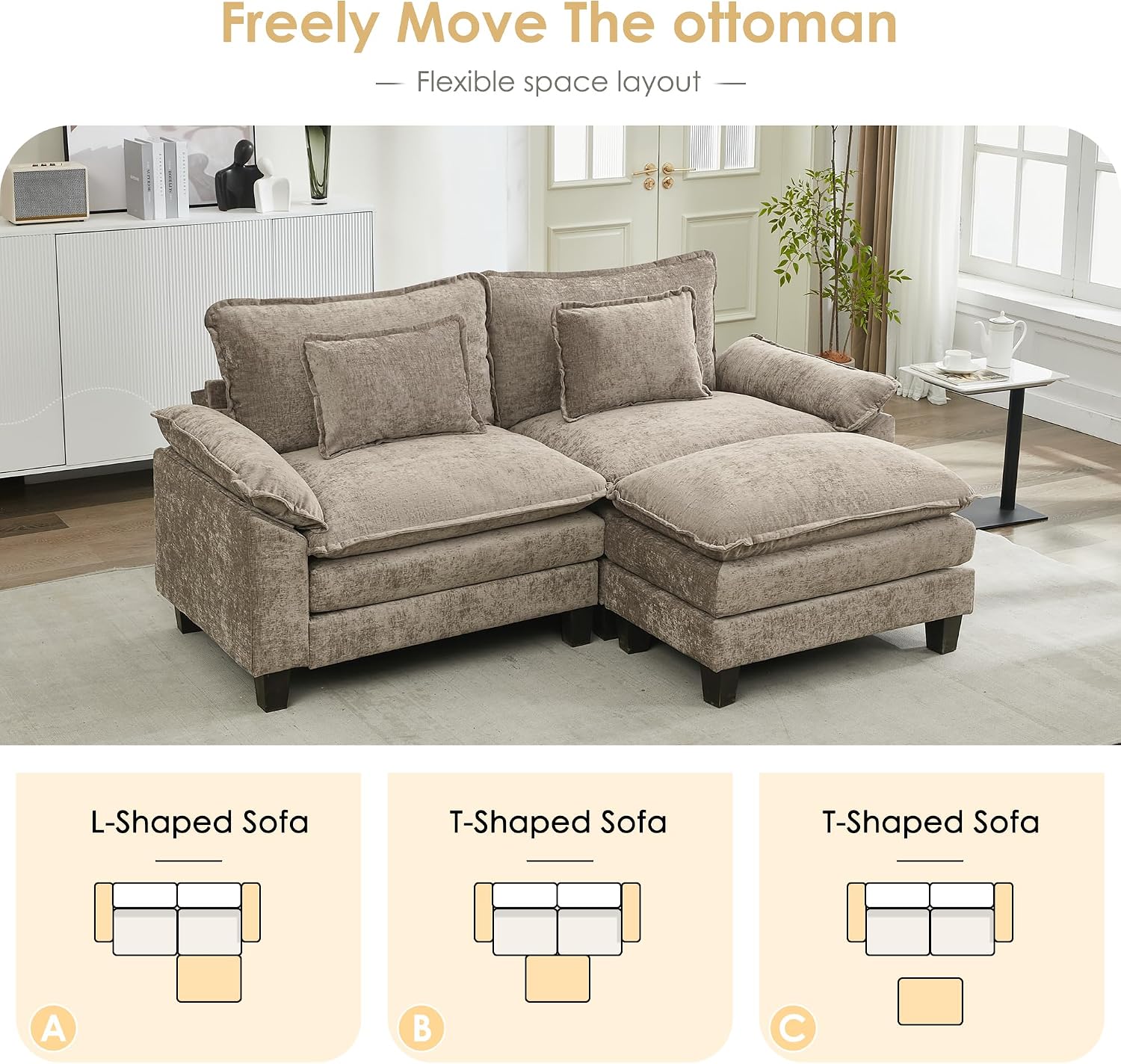 URRED Cloud Modular Sectional Sofa 87" L-Shaped Deep Seat Chenille Fabric Khaki