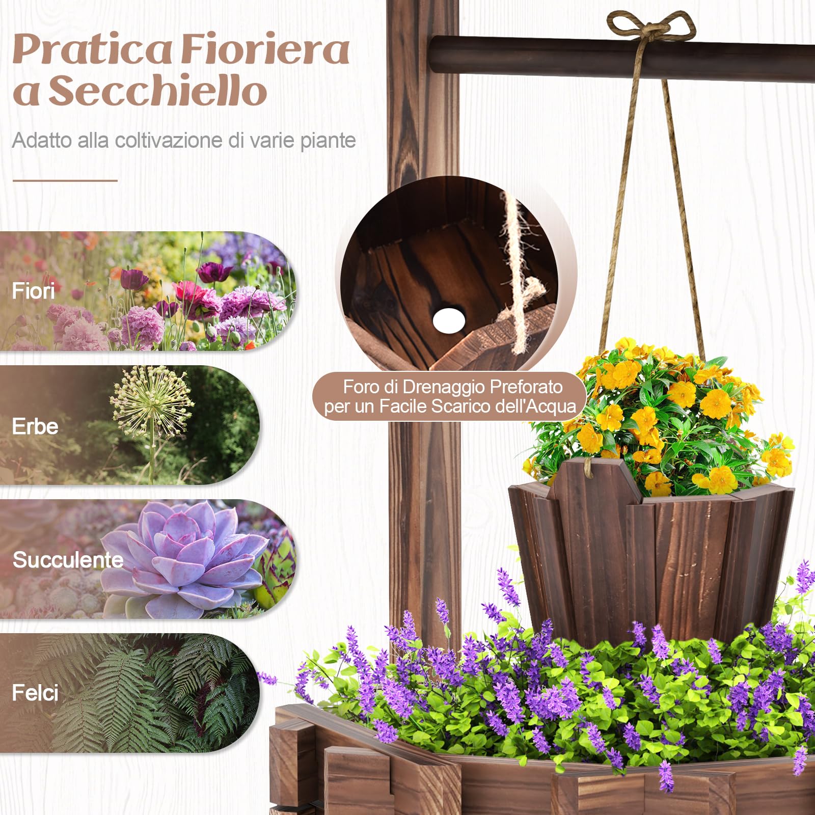 GYMAX Pozzo Decorativo da Giardino, Fioriera in Legno d'Abete con Pozzo, Secchio e Tetto, Resistente alle Intemperie, Effetto Invecchiamento, Decorazione per Prato, Cortile, Giardino, 57 x 57 x 114cm