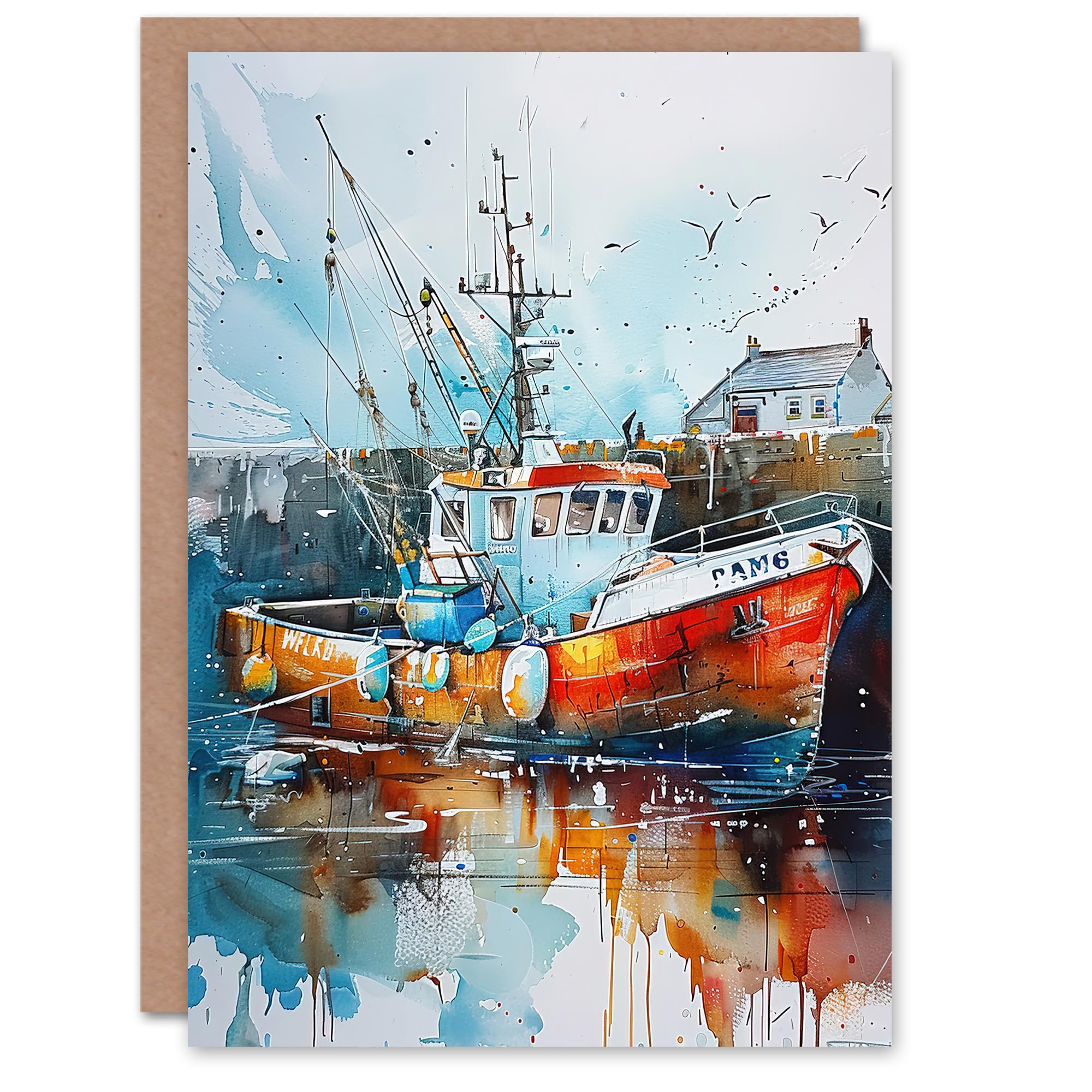 Artery8 Watercolour Fishing Boat Harbour Art Card