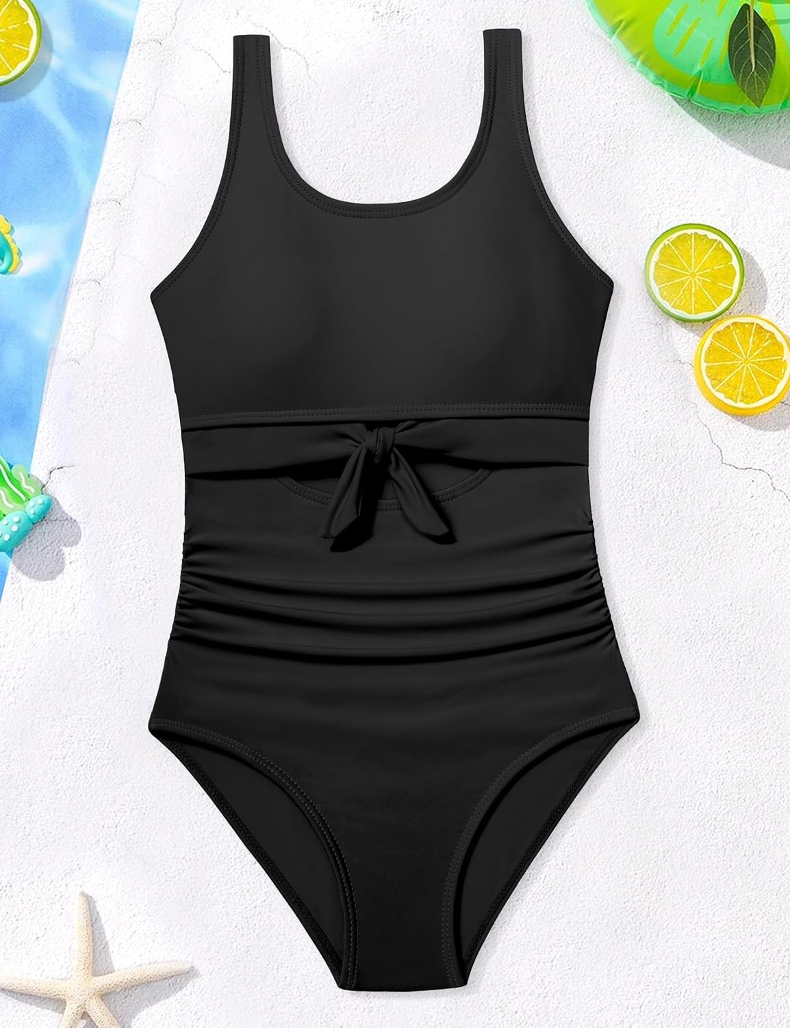 Qaoerde Girls Swimsuit One Piece Swimsuits Cutout Ruched Bathing Suits Tie Adjustable Straps Girls' Swimwear 9-16Y - Image 7