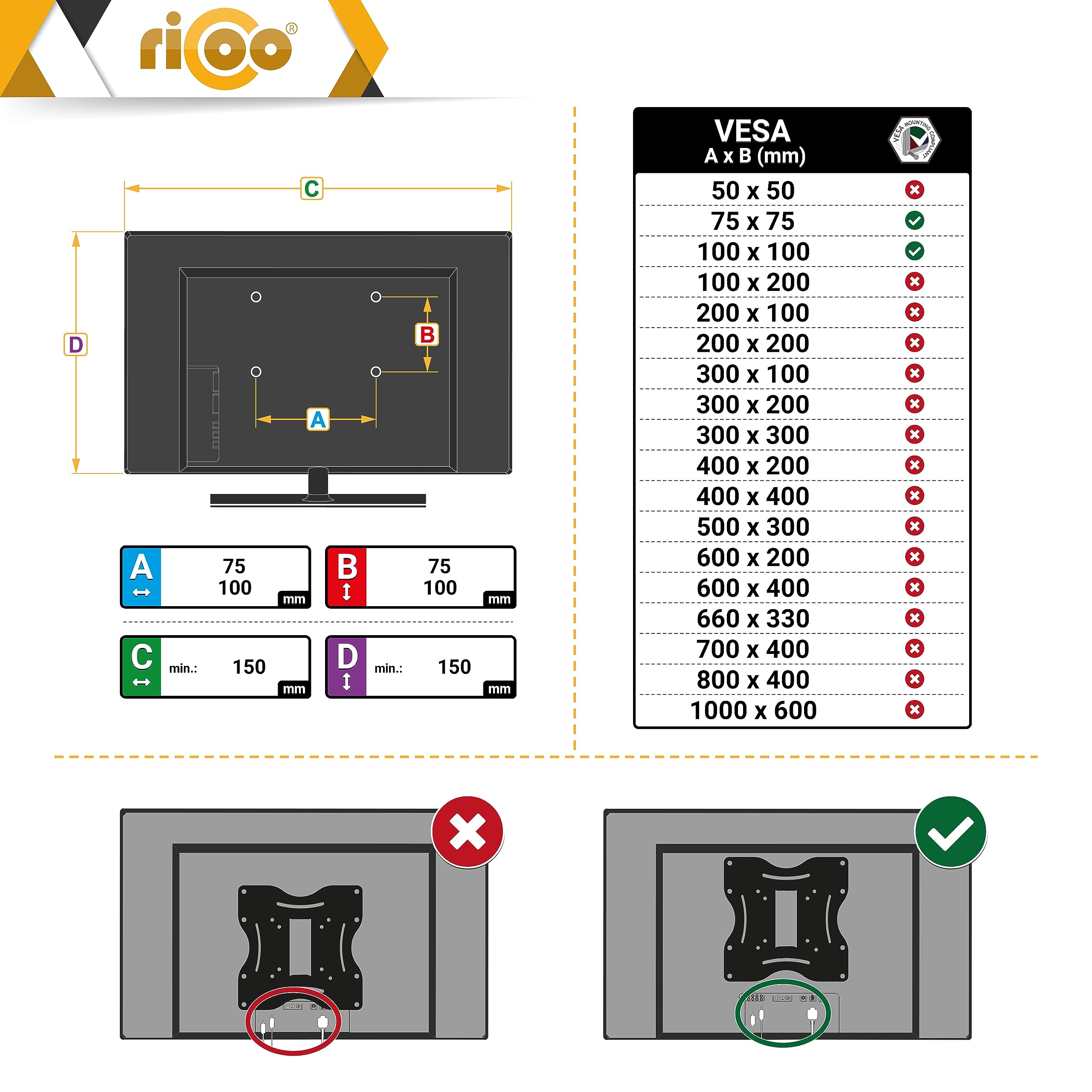 RICOO Soporte Monitor de Pared S5011, Ajustable Giratorio e Inclinable para Pantallas de 13" a 27" VESA 75x75 100x100, Capacidad Máxima 20kg Ideal para Espacios de Trabajo y Oficina.