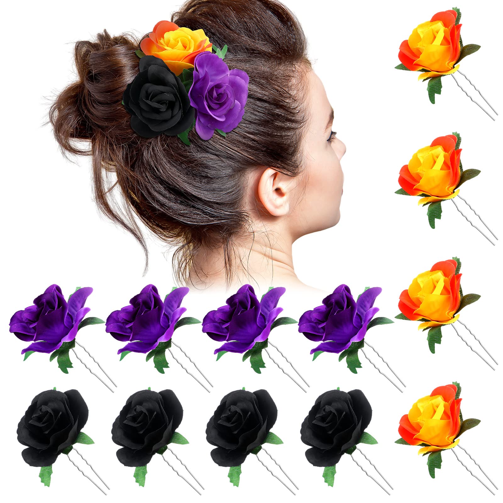 Photo 1 of 12 Pcs Rose Flower Hair Clip Flower Hair Clips for Women Girls Elegant Bridal Flower Hair Pins Rose Flower Hair Accessories Bridesmaids Head Pins for Wedding(Black, Purple, Orange, Medium) Medium (Pack of 12) Black, Purple, Orange 3pack