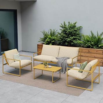Grand patio Garden Furniture Set, Outdoor Table and Chairs Set 4 with Cushions, Include 1 Coffee Table, 1 Sofa, 2 Armchairs, Balcony Furniture Sets for Backyard, Living Room Yellow