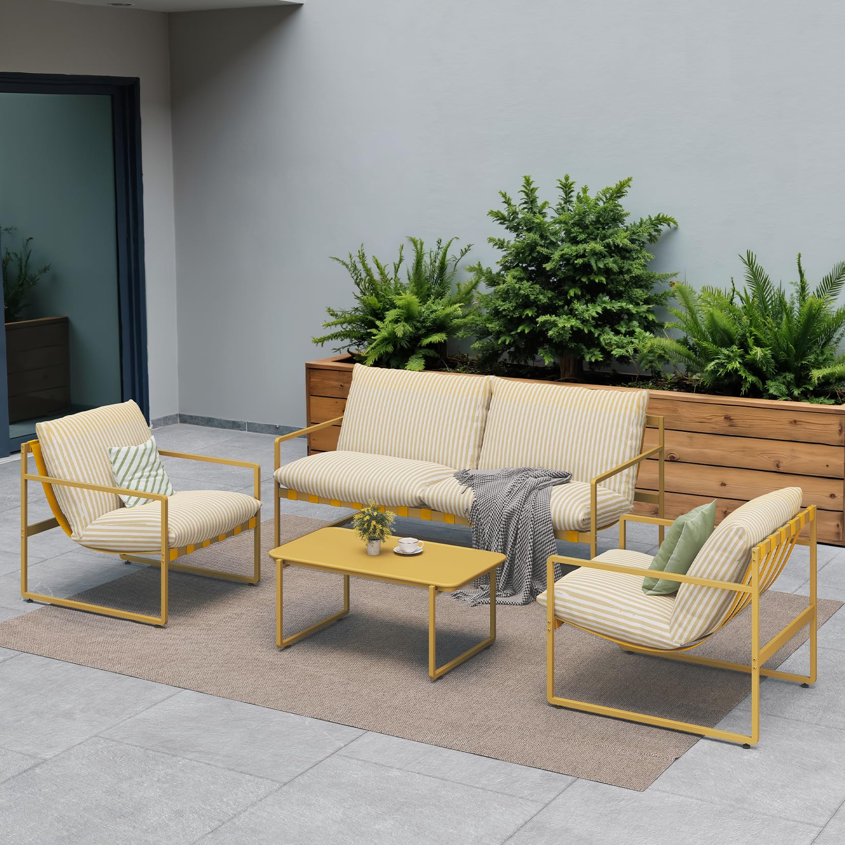 Grand patio Gartenmöbel 4er Set, Balkonmöbel Set 4 Personen mit Kissen, Lounge Möbel Outdoor mit Gartensofa, 2 Sessel, Tisch, Terassenmöbel Sitzgruppe Loungemöbel für Garten, Außen, Drinnen (Gelb)