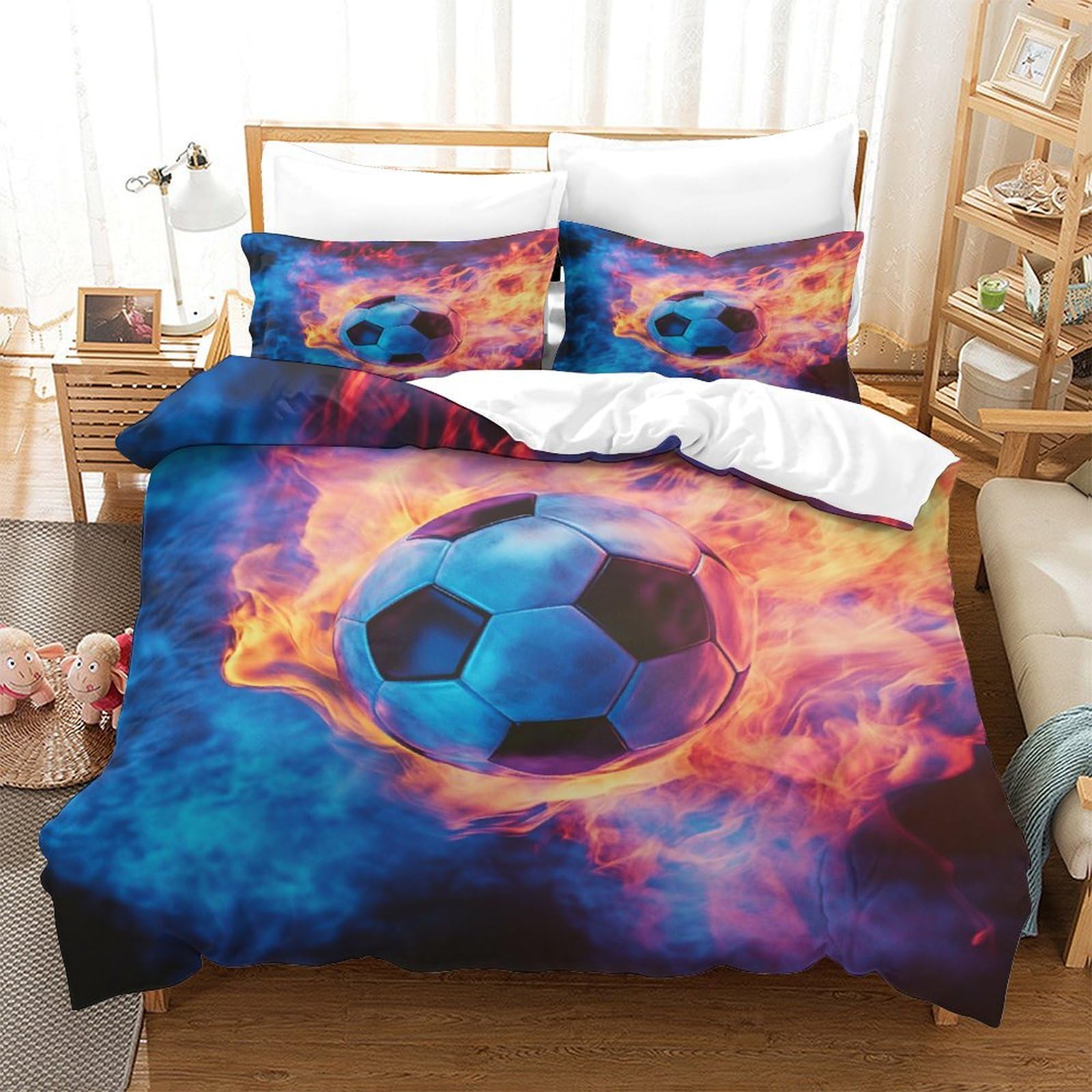 P1S9U7W5Y 3D Printed Vibrant Football Duvet Cover Set 3pcs Microfiber Flaming Soccer Bedding Set King（220x240cm）