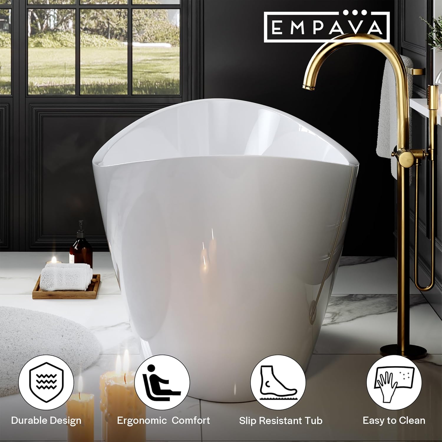 Empava Freestanding Bathtub, Acrylic Soaking Tub with Brushed Nickel Drain & Overflow – Modern Standalone Shower Tub, Non-Slip Flat Bottom Design, Glossy White, 59 Inch,cUPC Certified - Image 2