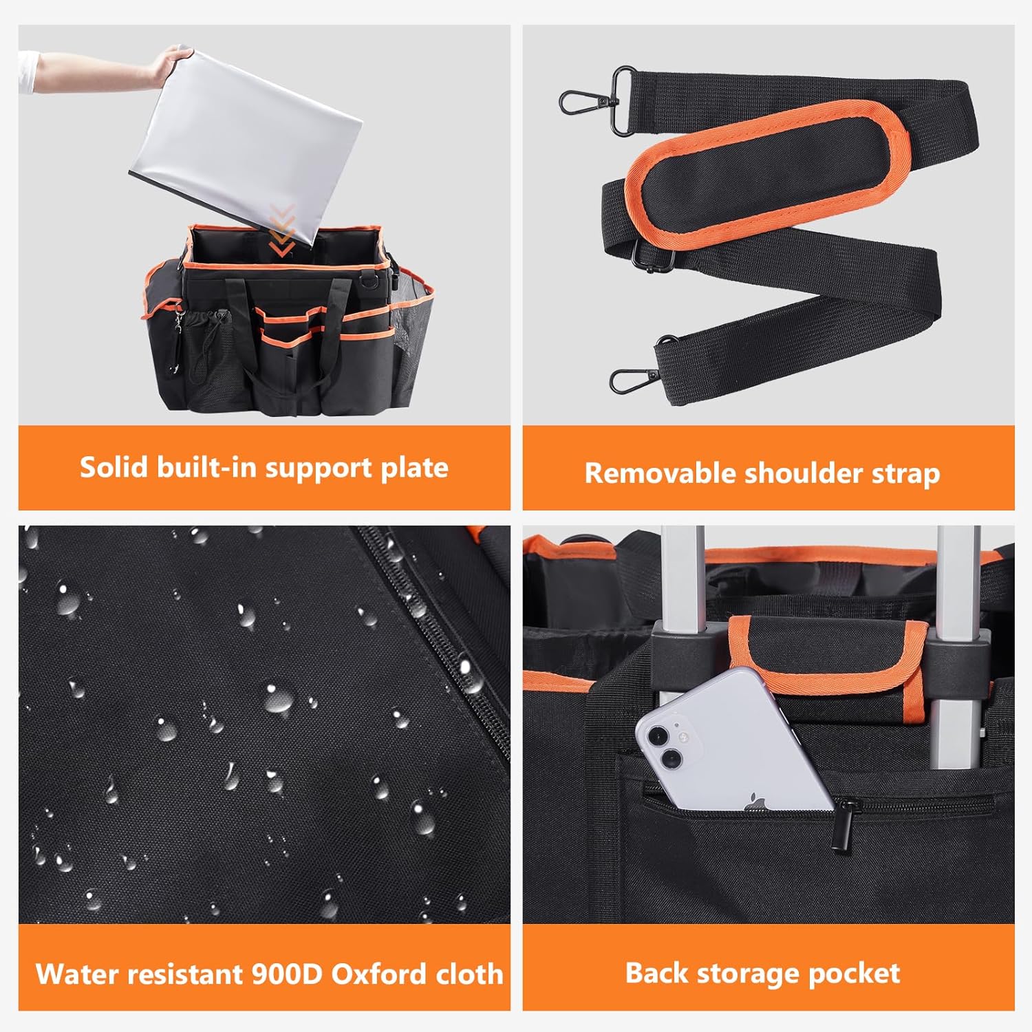 Puricon Cleaning Caddy with Wheels, Professional Portable Rolling Cleaning Supplies Bag with Detachable Trolley Large Cleaning Cart with Handle and Shoulder Strap for Housekeeping -Blackorange