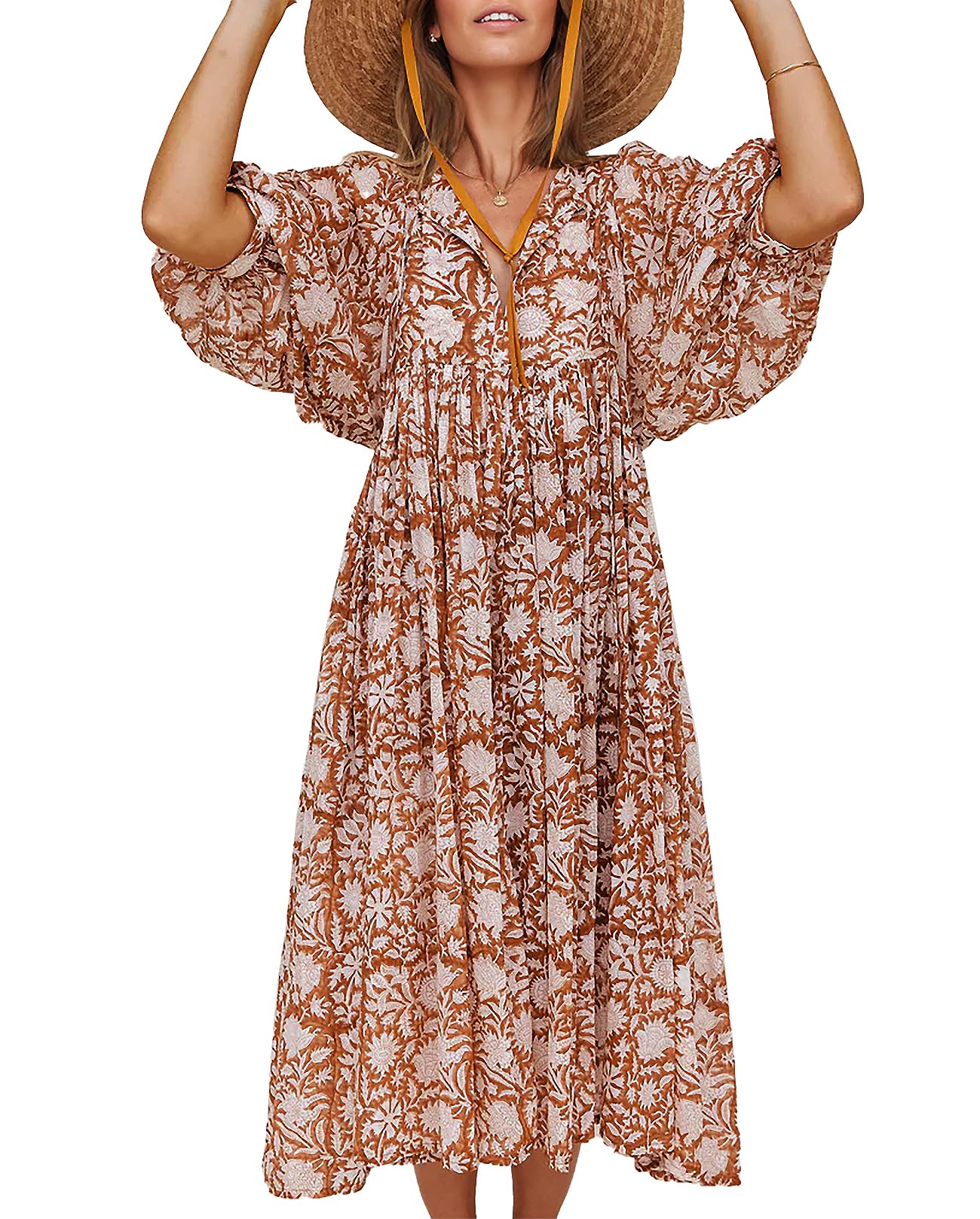 Casual Summer Dresses for Women Deep V Puff Sleeve Boho Midi Floral Dress