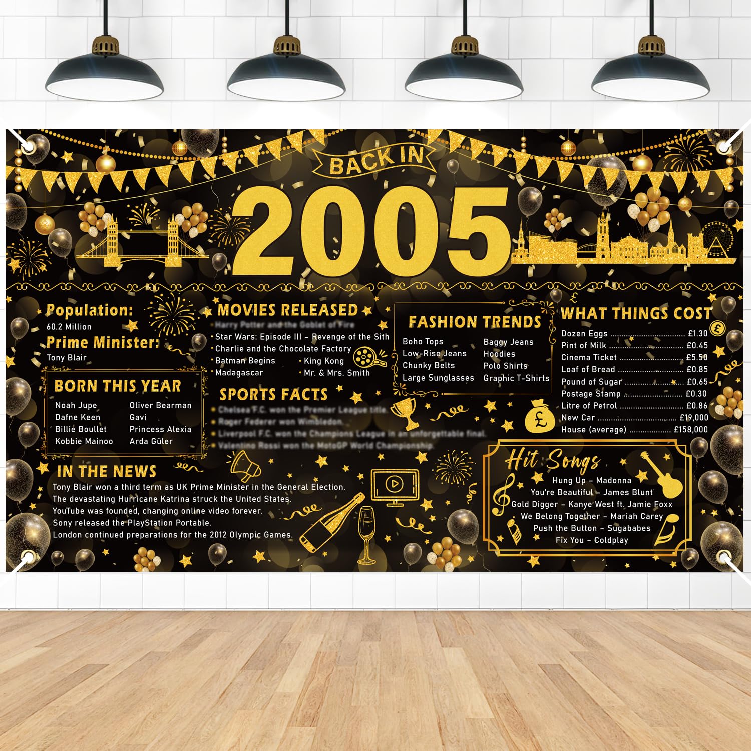 Eiapadeor 21th Birthday Banner Decorations - Black Gold Born in 2005 UK Backdrop Happy 21th Birthday Banners Cheers to 21 Years Photo Background for Boys Girls 21 Year Old Party Home Decor