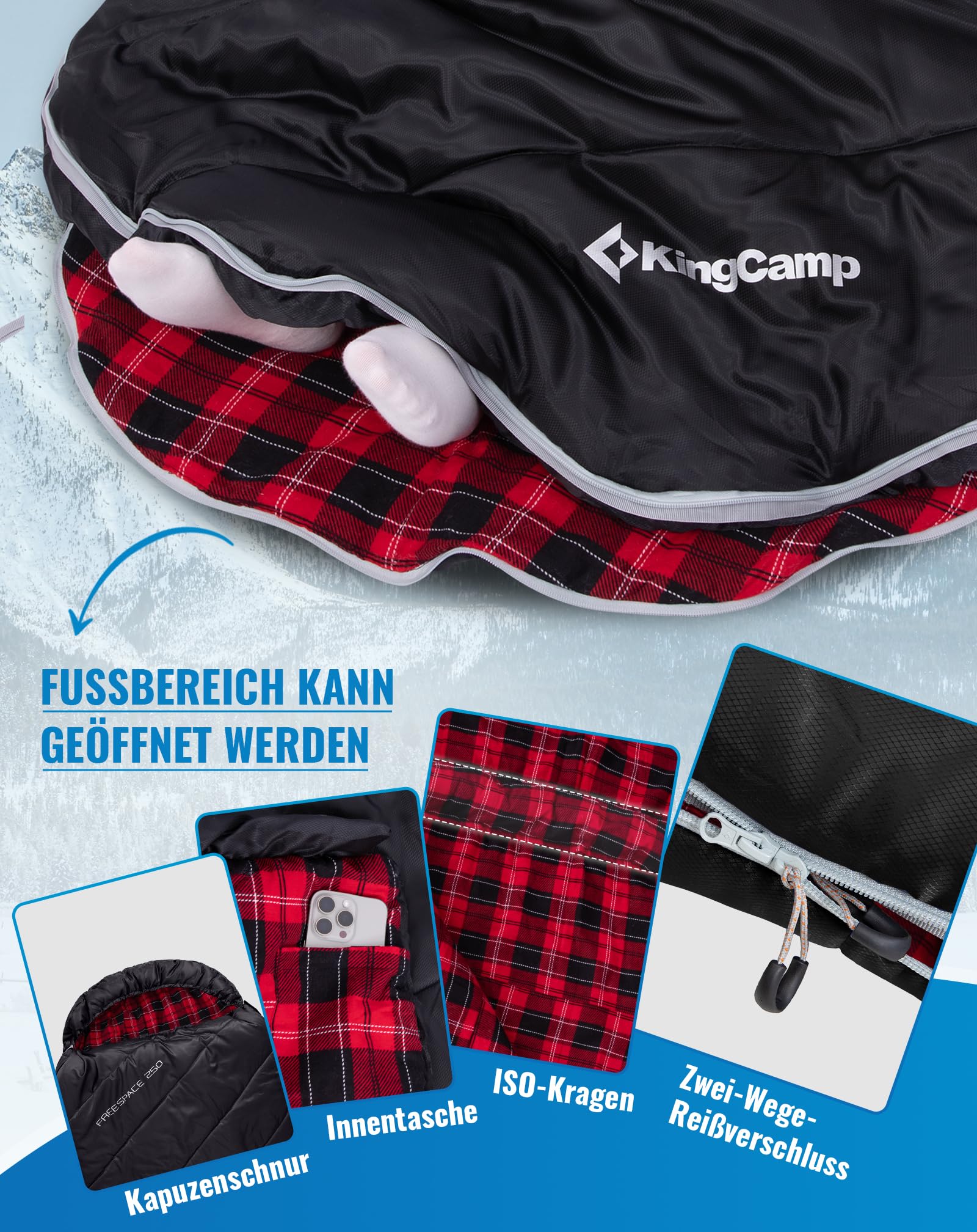 KingCamp Schlafsack XXL Baumwolle Flanell für Erwachsene, Übergröße Warm Deckenschlafsack Winter für Camping Reisen und Aktivitäten Outdoor im 4-Jahreszeiten, 220x100cm