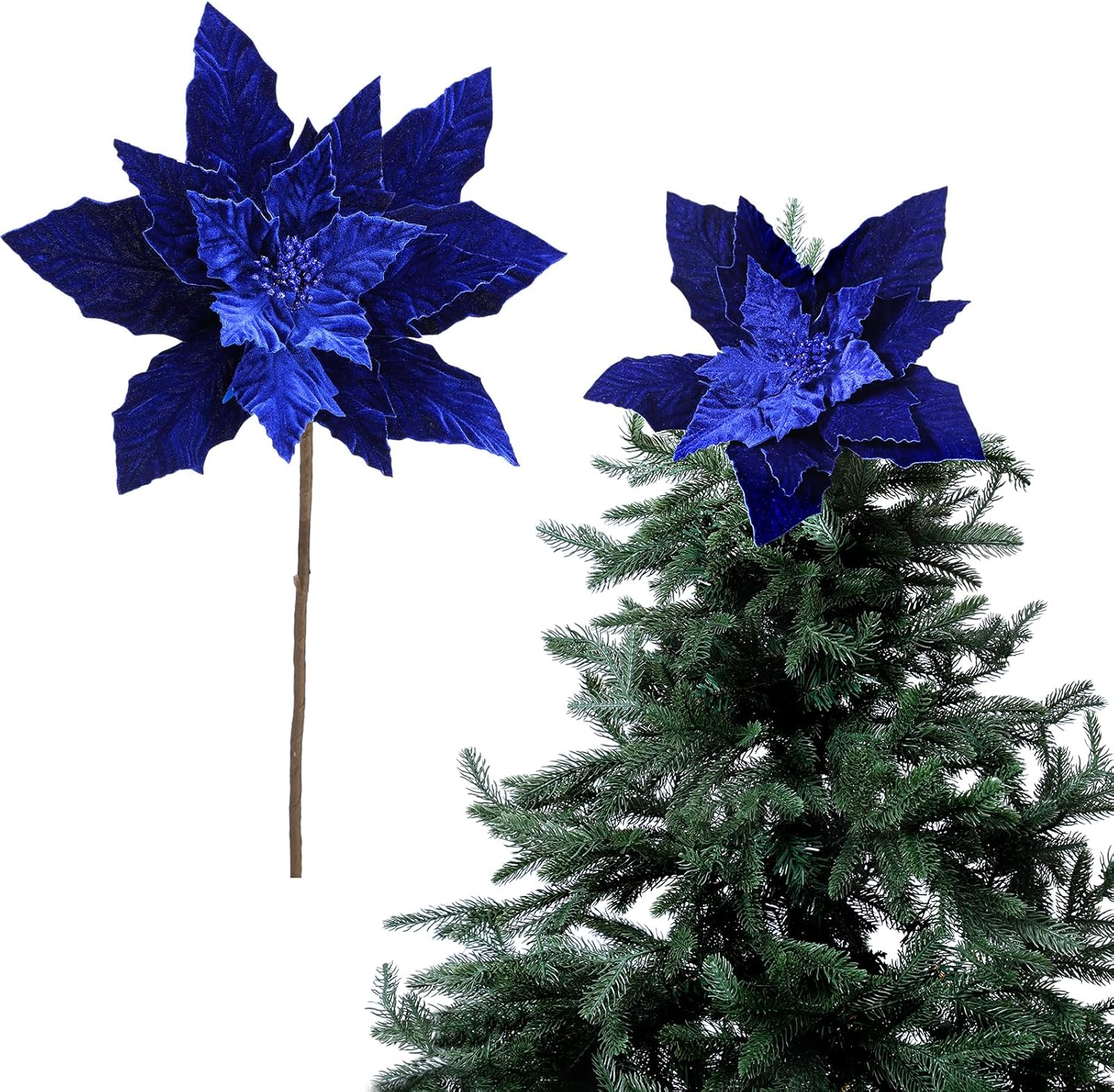 Poinsettia Christmas Tree Topper 16'' Jumbo Artificial Velveteen Poinsettia with Stem Faux Flower Xmas Tree Ornament for Christmas Holiday Wedding Holiday Party Deco(Red)