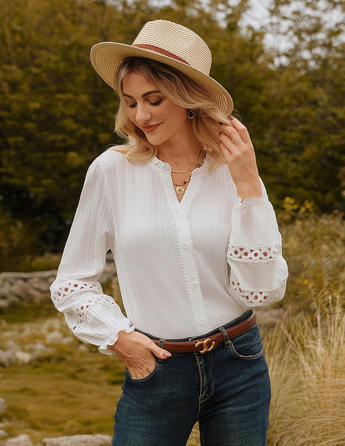 GRACE KARIN Women Dressy Casual Tops,Long Sleeve Button Down Ruffle Blouse,Work V Neck Shirt Summer Spring Business Outfit - Image 2