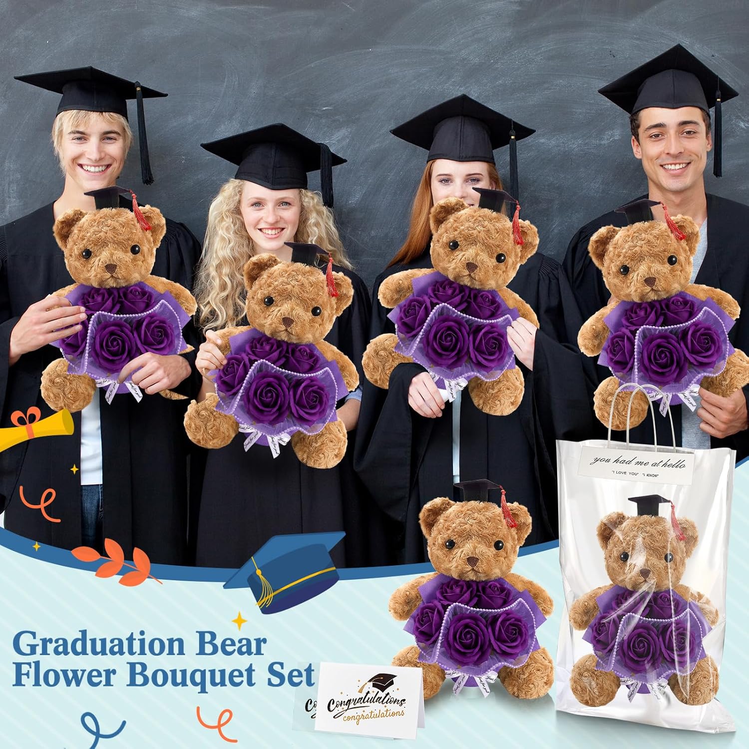 Giegxin Graduation Bear with Bouquet Set, 2026 Rose Flower Stuffed Bear Gift Class of 2026 Graduation Animal with Cap Artificial Box Greeting Card for Congrats Grad Gift(Purple)