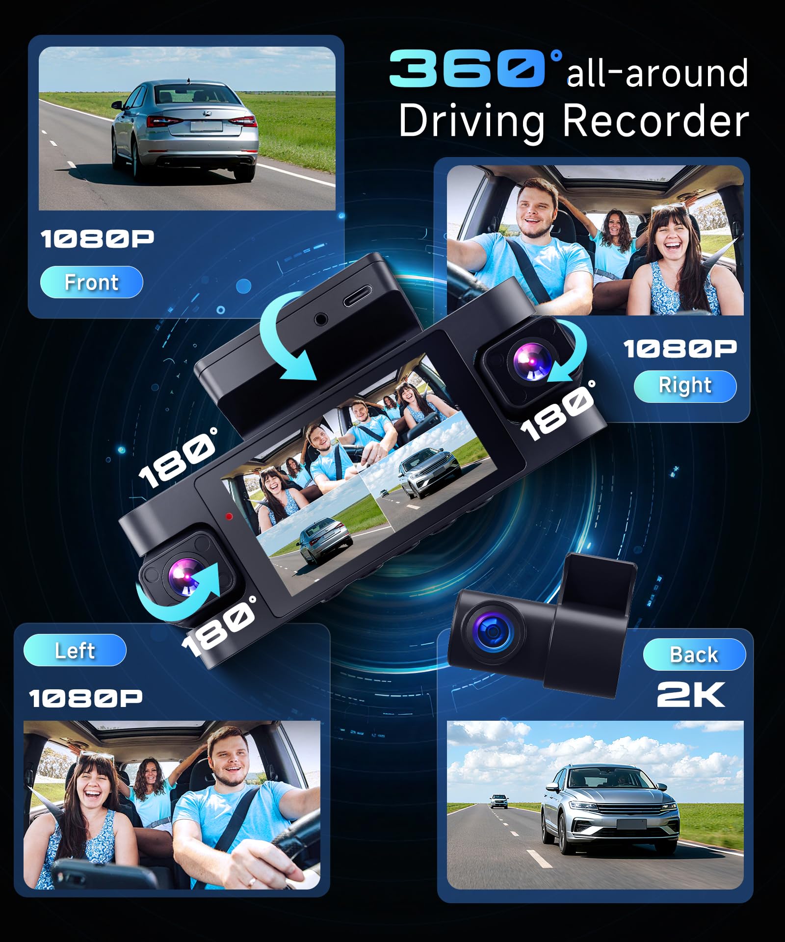 VECHTEL Cámara de salpicadero 2K para Coche, Delantera y Trasera, con WiFi, 1080P,4 cámaras de salpicadero con Pantalla IPS de 3 Pulgadas,GPS,visión Nocturna, Sensor G, protección de 360°,64 GB TF