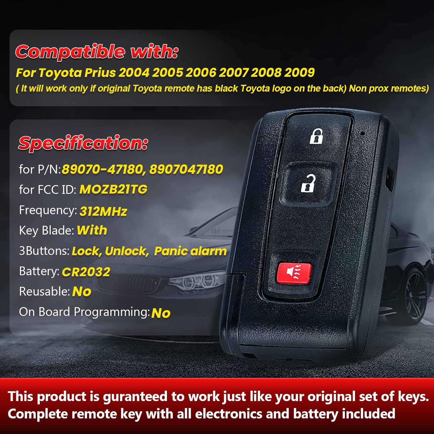 Key Fob Replacement for Toyota Prius 2004 2005 2006 2007 2008 2009 Keyless Entry Smart Remote Car Key MOZB21TG 312Mhz 89070-47180 for Black Logo
