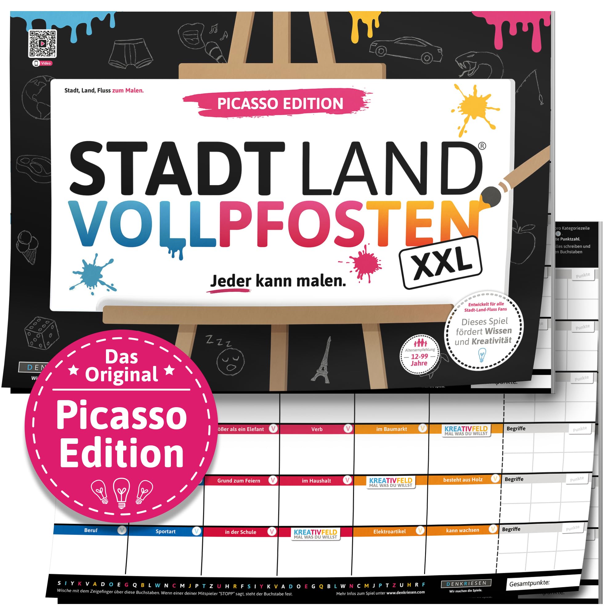 DENKRIESEN - Stadt Land VOLLPFOSTEN® - Picasso Edition | Stadt Land Fluss zum Malen | Ab 8 Jahren | Familienspiel | Kreatives Zeichenspiel | 23 Kategorien | Spaßiges Gesellschaftsspiel für alle