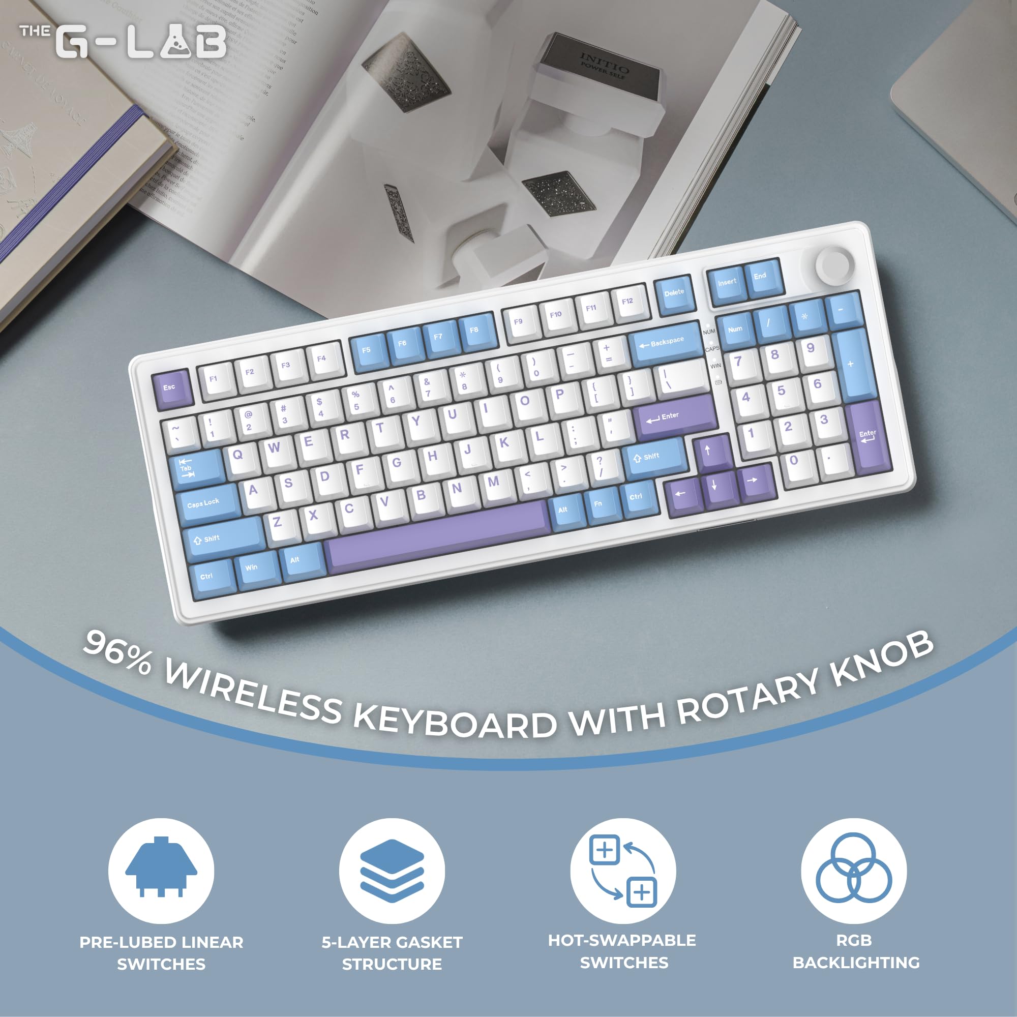 The G-Lab Keyz Elite 400 WB - Clavier Gamer sans Fil Mécanique Hot-Swap RGB | QWERTY US, Sans Fil Tri Mode 2.4GHz/Bluetooth/Filaire, Switch Mécanique Hot Swap Pré-lubrifiés, Gasket 5 Couches