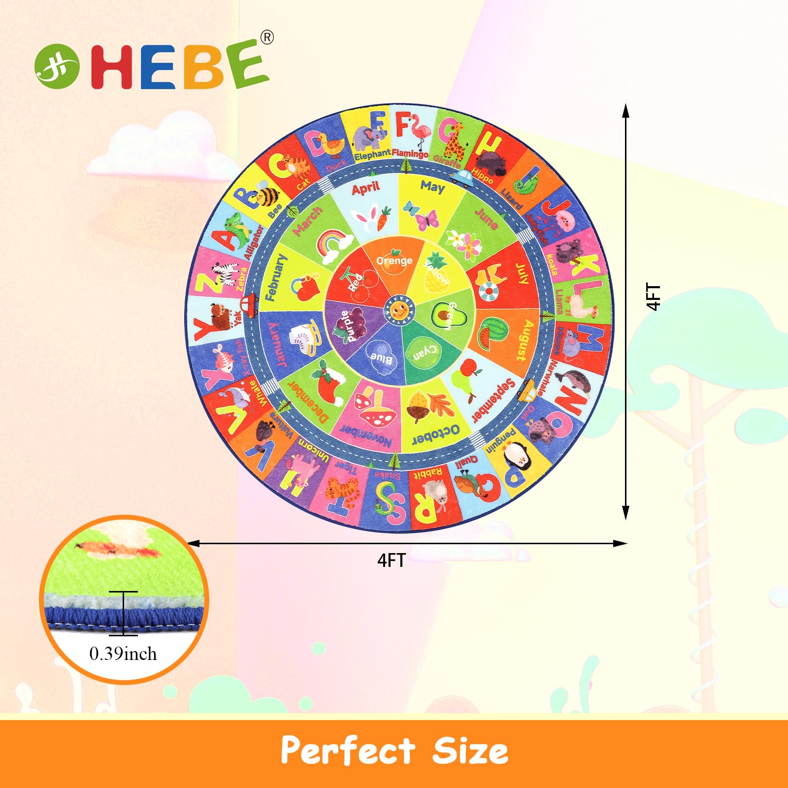 (similar)HEBE Kids Play Rug 4ft ABC Alphabet Numbers Shapes Educational Kid Area Rug Washable Baby Crawling Mat Non Slip Kid Play Mat Carpet for Girl Boy Bedroom Playroom