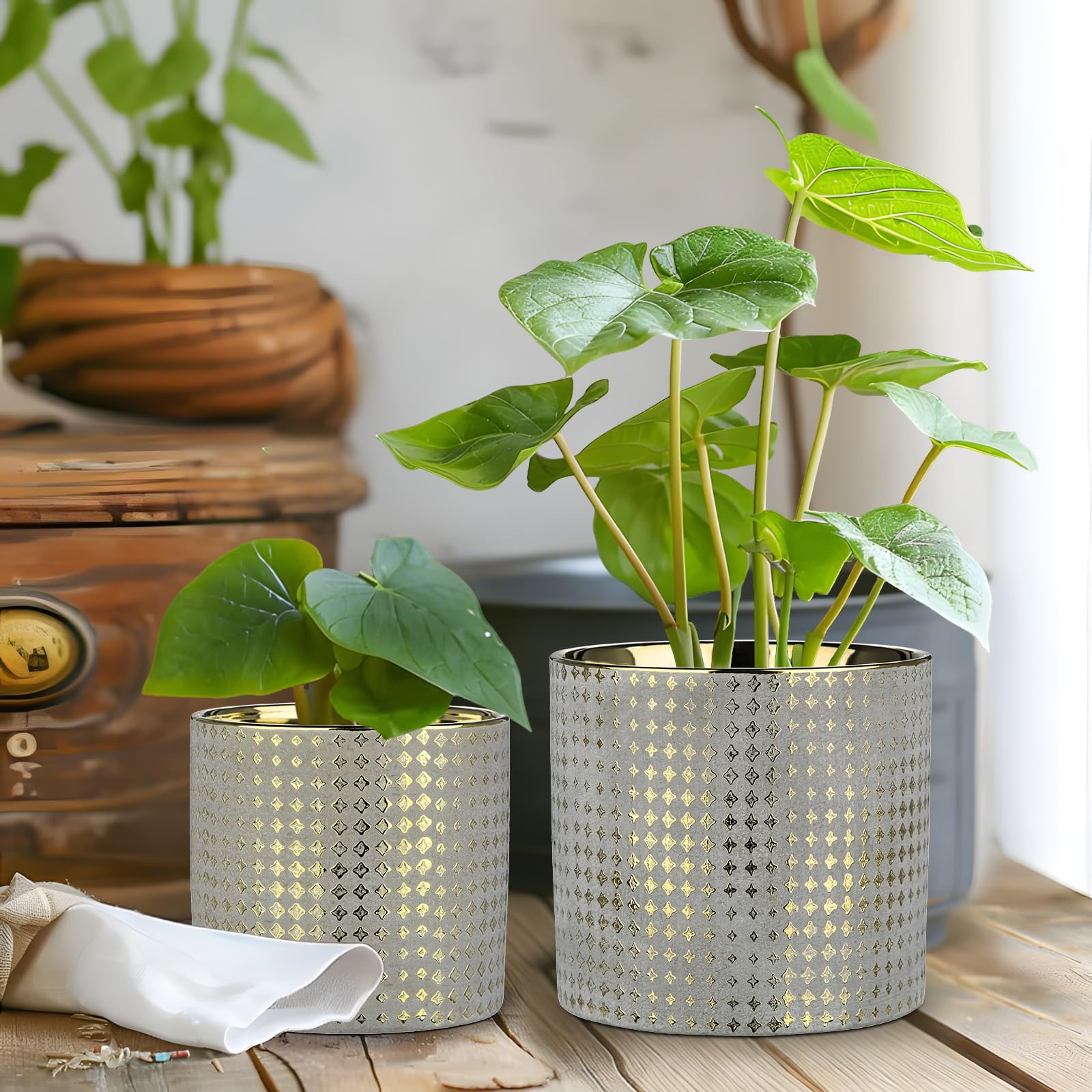 Oairse 2er-Set Blumentöpfe mit Abflussloch Vergoldeter Keramik-Pflanztopf mit Gold Star Textur Perfekt für Moderne Dekoration und Pflanztöpfe, Dekorativen KeramikTöpfen Drinnen und Draußen