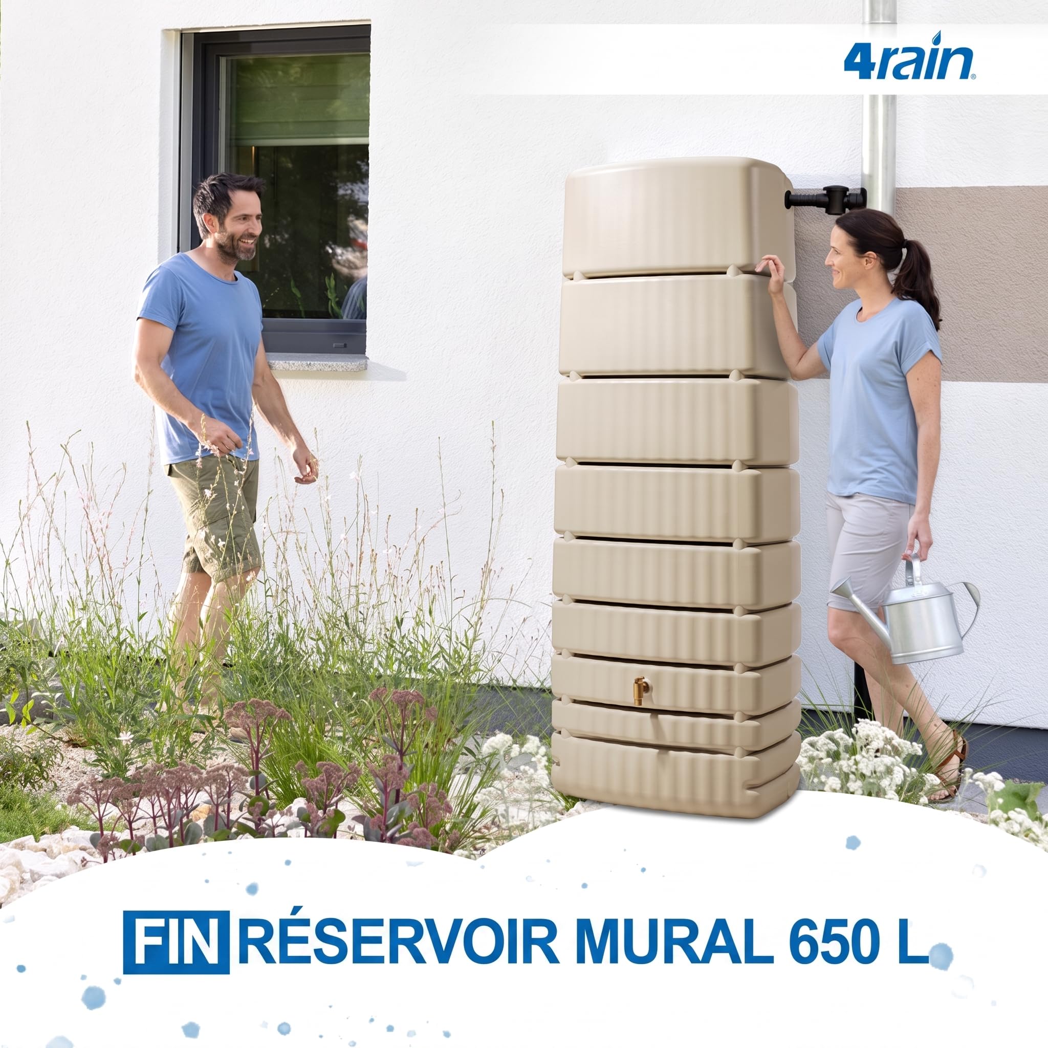 4rain Slim Récupérateur d’Eau de Pluie 650L Sable – Cuve Murale Robuste et élégante – Réservoir d’Eau de Pluie + Robinet PE Imitation Laiton – Solution Pratique et Durable de récupération