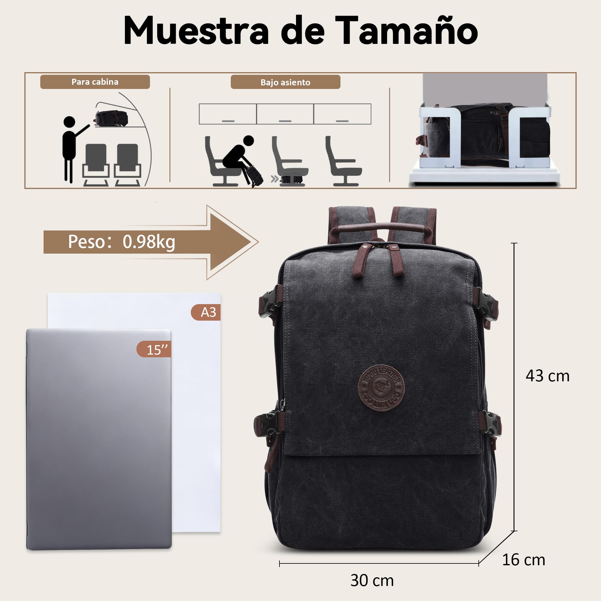 Viaje Mochila Hombres Mochila para Portátil Adapta a 15.6 Pulgadas Portátiles Mochila de Negocios Trabajar Viaje Causal Escolar Montañismo Cámping Durable Lona Mochila Negro