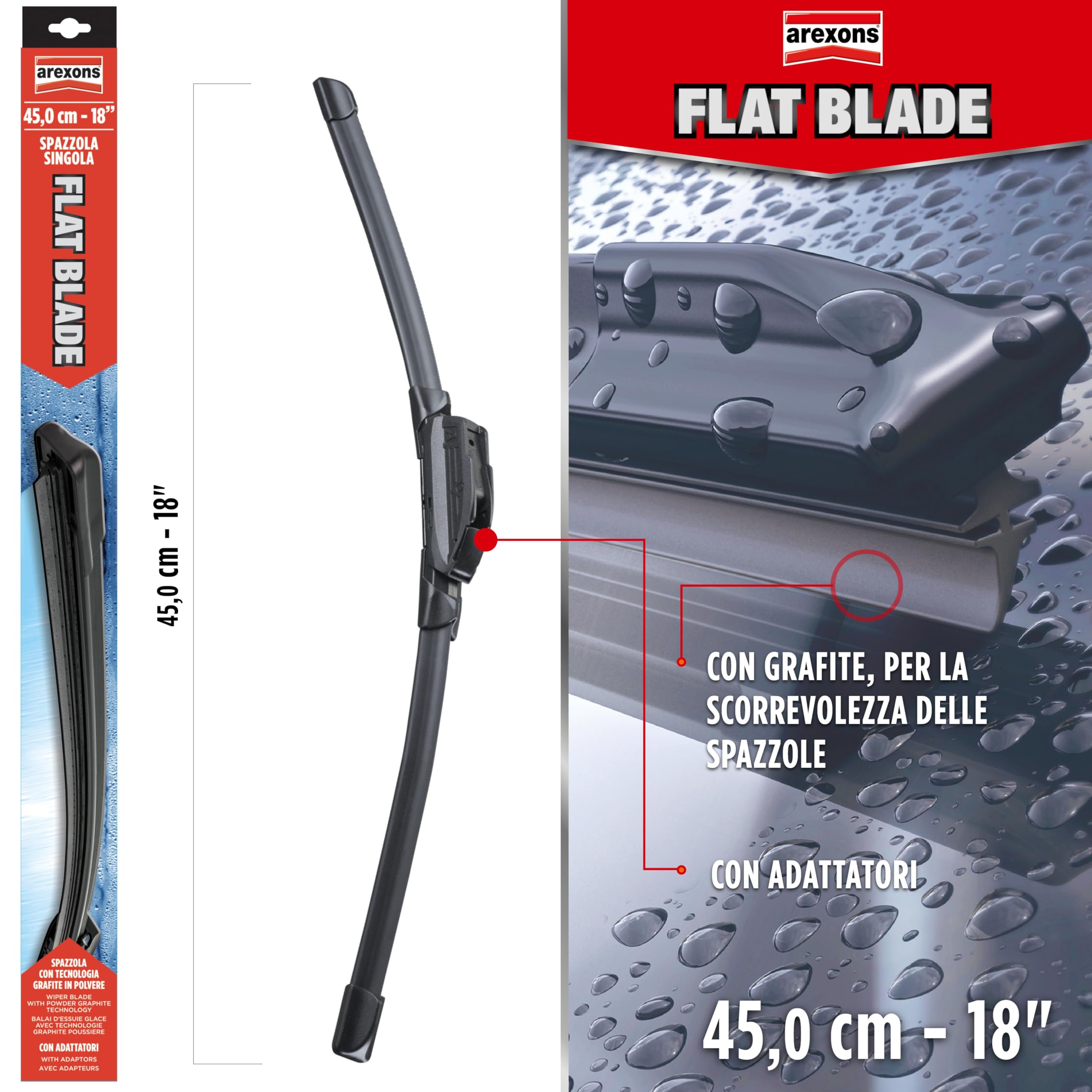 AREXONS - Spazzola Flat Blade 45cm con Kit Adattatori per Tergicristalli Tradizionali e Nuova Generazione, Design Aerodinamico, Gomma Grafitata, Struttura Plastica Alta Resistenza - 2