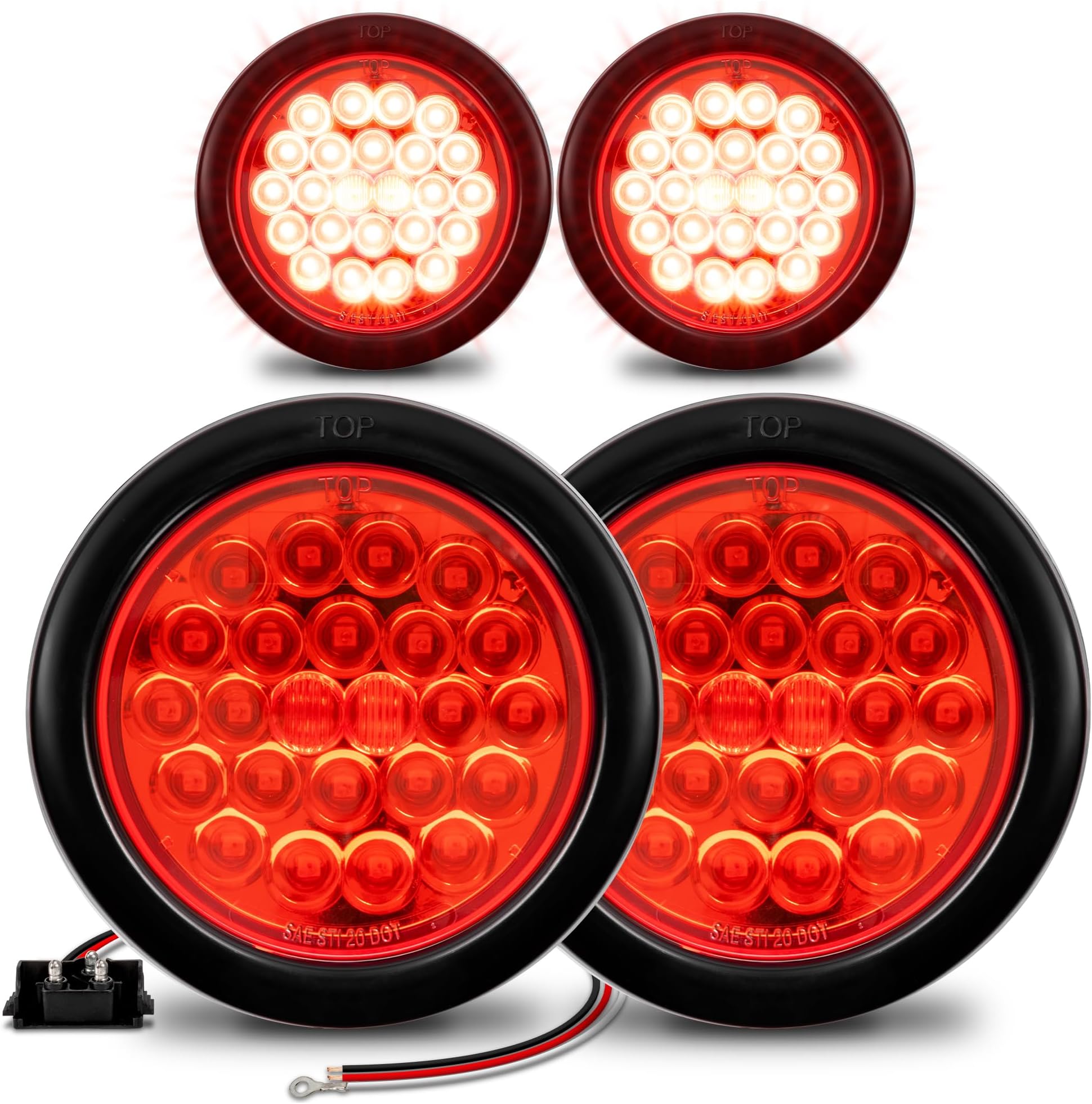 TRUE MODS 4pc 4" Round Red 24 LED Trailer Tail Lights [DOT FMVSS 108] [SAE STI] [Grommet & Plug] [IP67 Waterproof] Turn Stop Brake Boat Horse Trailer Lights for RV Semi Truck Flat Bed Camper