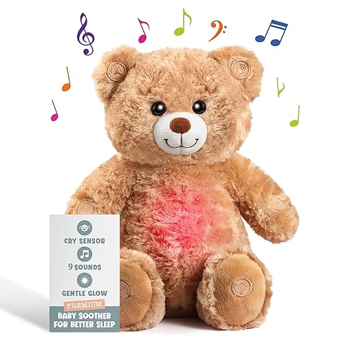 Gemma Joy Bedtime Bear - Chupete de bebé con sensor activado por llanto, animal de peluche para bebés recién nacidos, luz calmante, música de