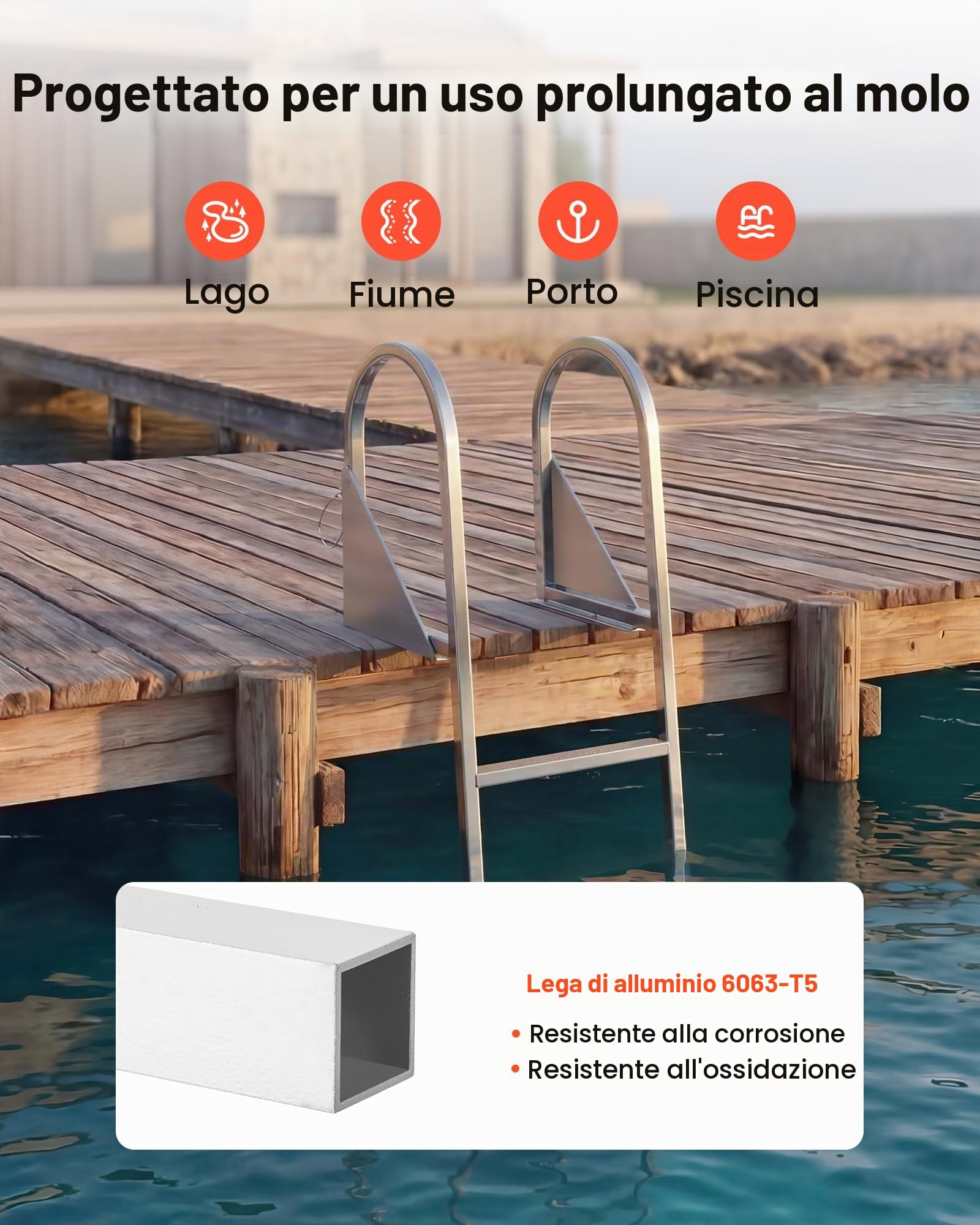 VEVOR Scaletta Ribaltabile per Molo, Scaletta Dritta da Pontile, 4 Gradini Larghi Antiscivolo, con Corda di Sollevamento, Portata Massima 159 kg, Struttura in Lega di Alluminio, per Barche a Pontone
