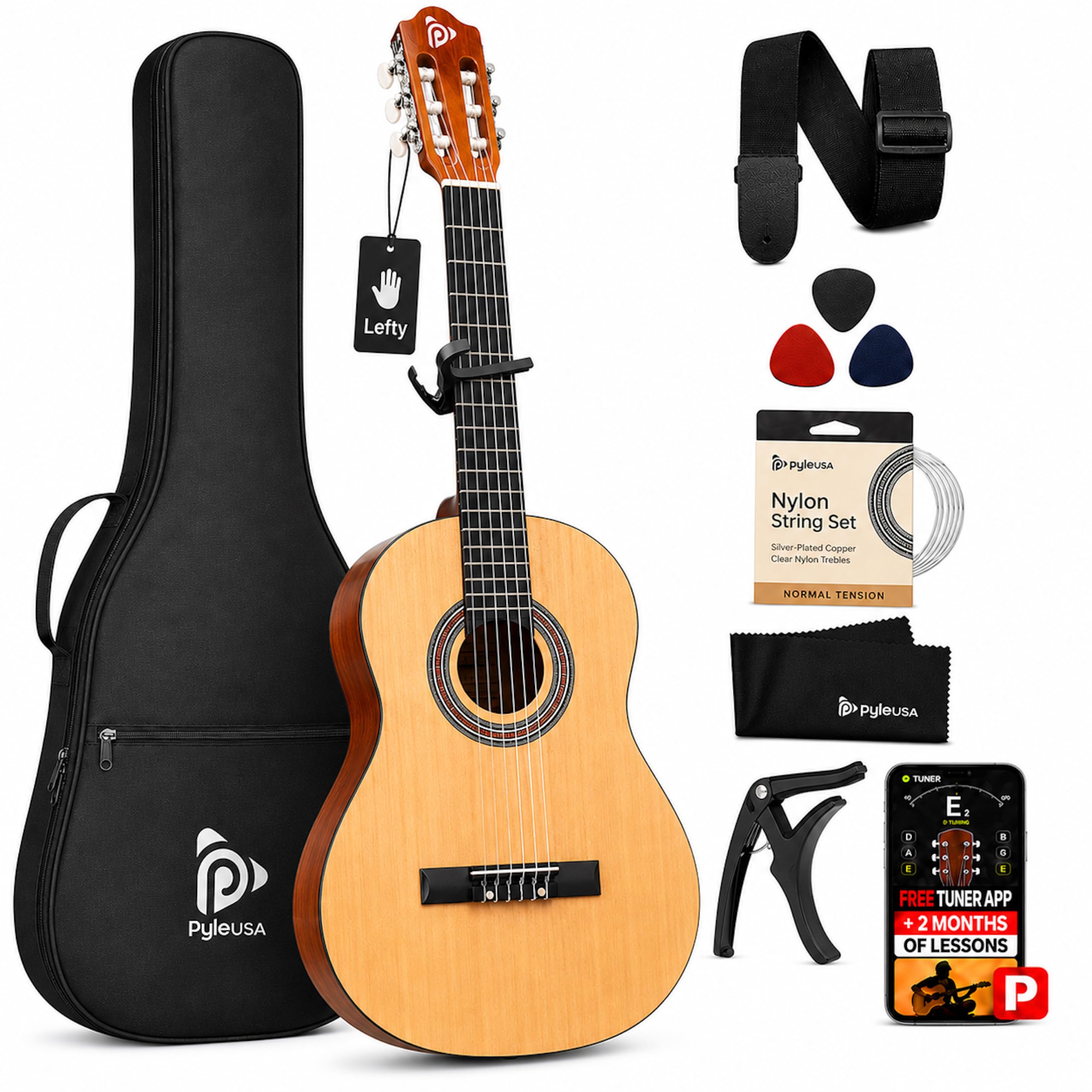 Pyle Left Handed Beginner Acoustic Guitar Kit, 30" 1/4 Junior Classical Nylon String Guitar, All Wood Build with Capo, Gig Bag, Strap, Picks &amp; Extra Strings for Kids, Youth, New Players, Natural Gloss