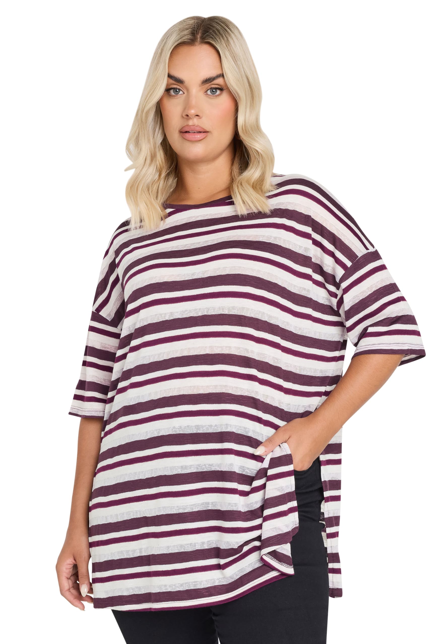 Yours Women's Purple Metallic Stripe T-Shirt In | Size: 18