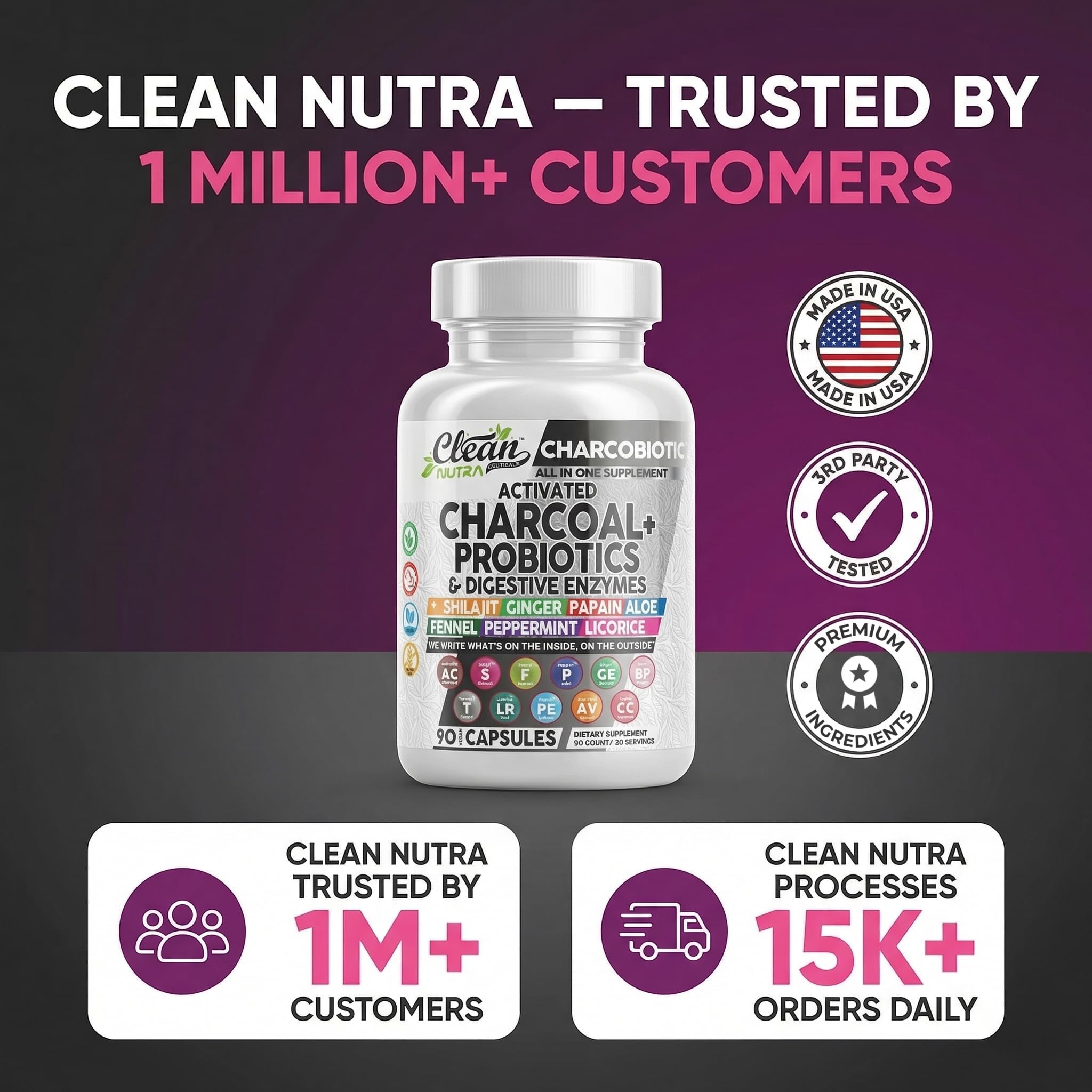 Activated Charcoal Pills for Gas Relief and Debloat, CharcoBiotic with Probiotics Digestive Enzymes Shilajit Peppermint Fennel Ginger Turmeric Licorice Root Aloe Vera Ceylon Cinnamon, Clean Nutra 90ct — Amazon image 8
