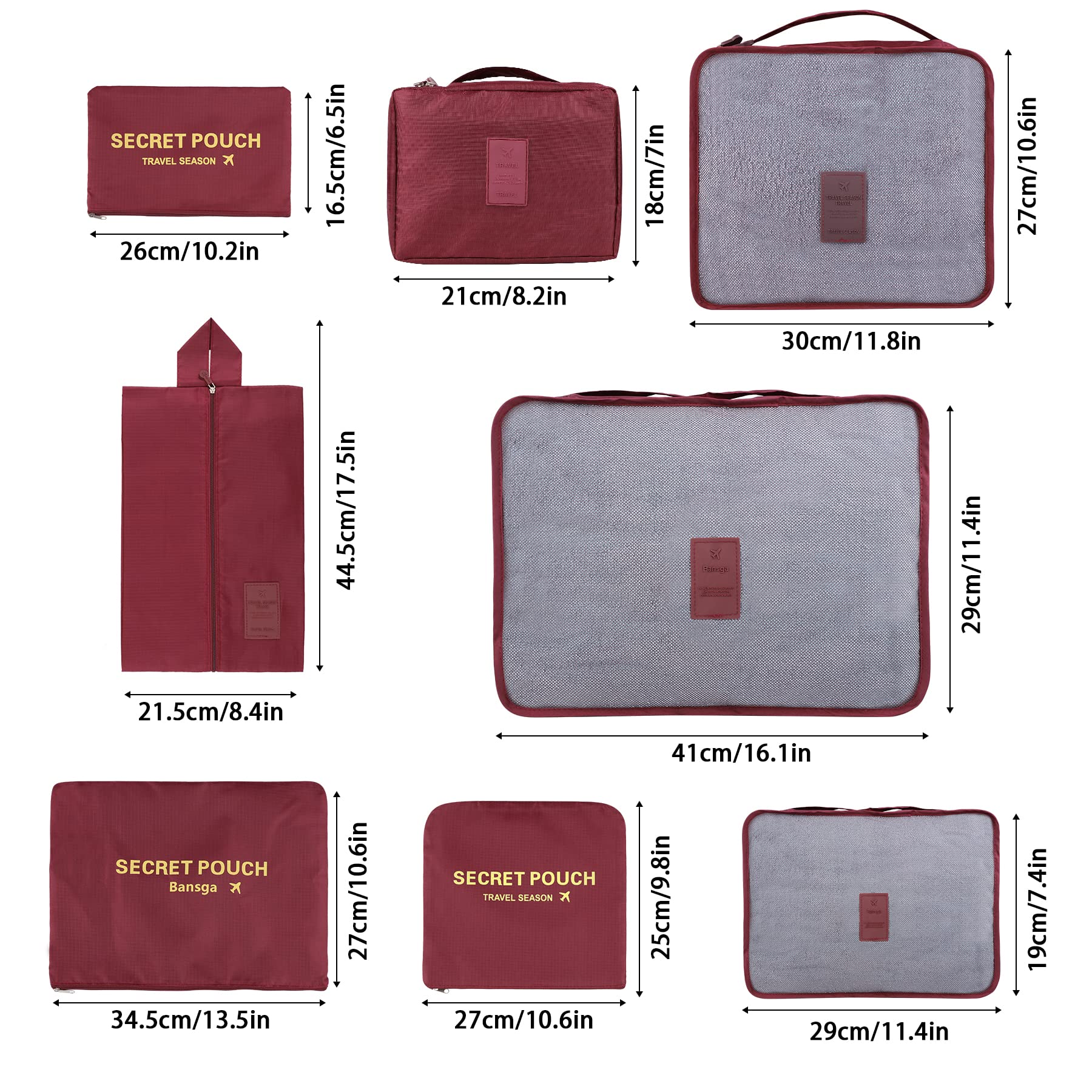 Coolzon Organizer Valigie Viaggio Set 8 Pezzi set, Cubi di Imballaggio Organizer Valigia Perfect Storage Travel Luggage Organizer per i vestiti,Cosmetici,Scarpe,Intimo, Rosso Scuro