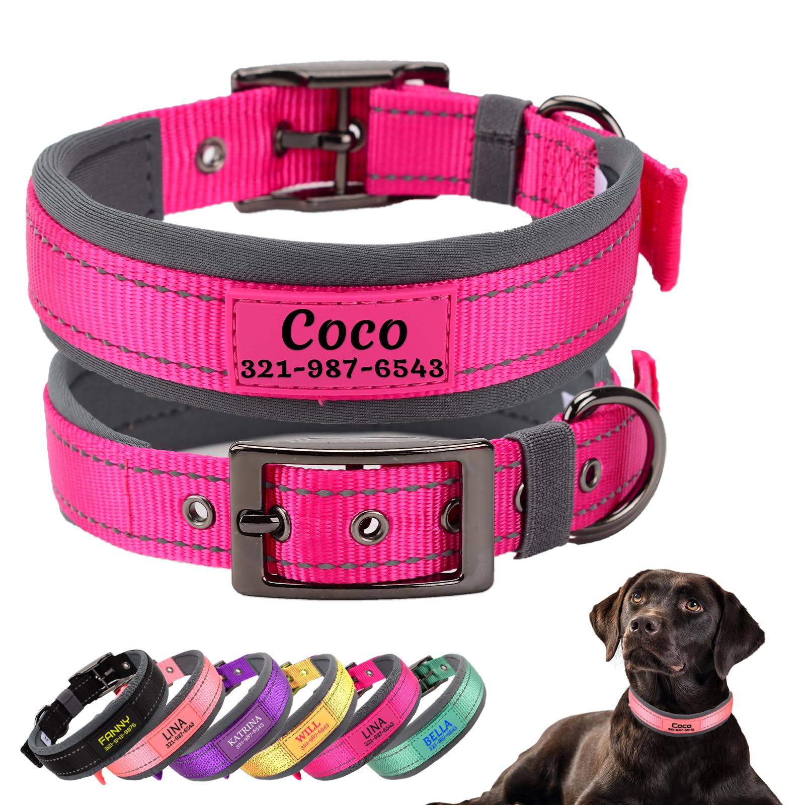 Personalized Dog Collars with Pet Name and Phone Number,Soft Neoprene Padded,Thick Strong Dog Collar,Adjustable Reflective Nylon Collar for Small Medium and Large Dogs,Rose Red