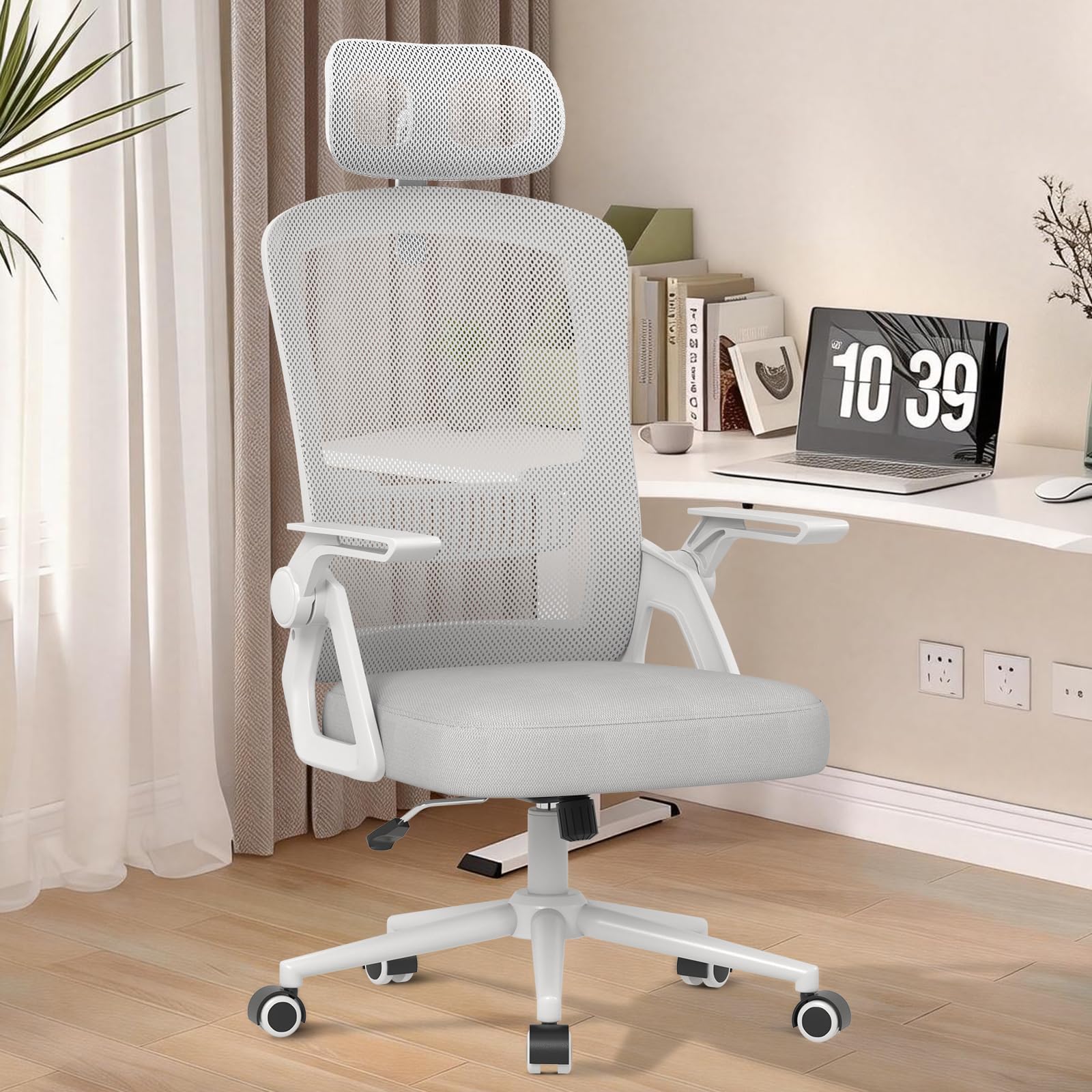 naspaluro Silla Oficina Ergonómica, Silla Escritorio con Reposacabezas | Reposabrazos Abatibles, Asiento Transpirable de Malla, Silla Giratoria para Ordenador, Homeoffice y Gaming Gris