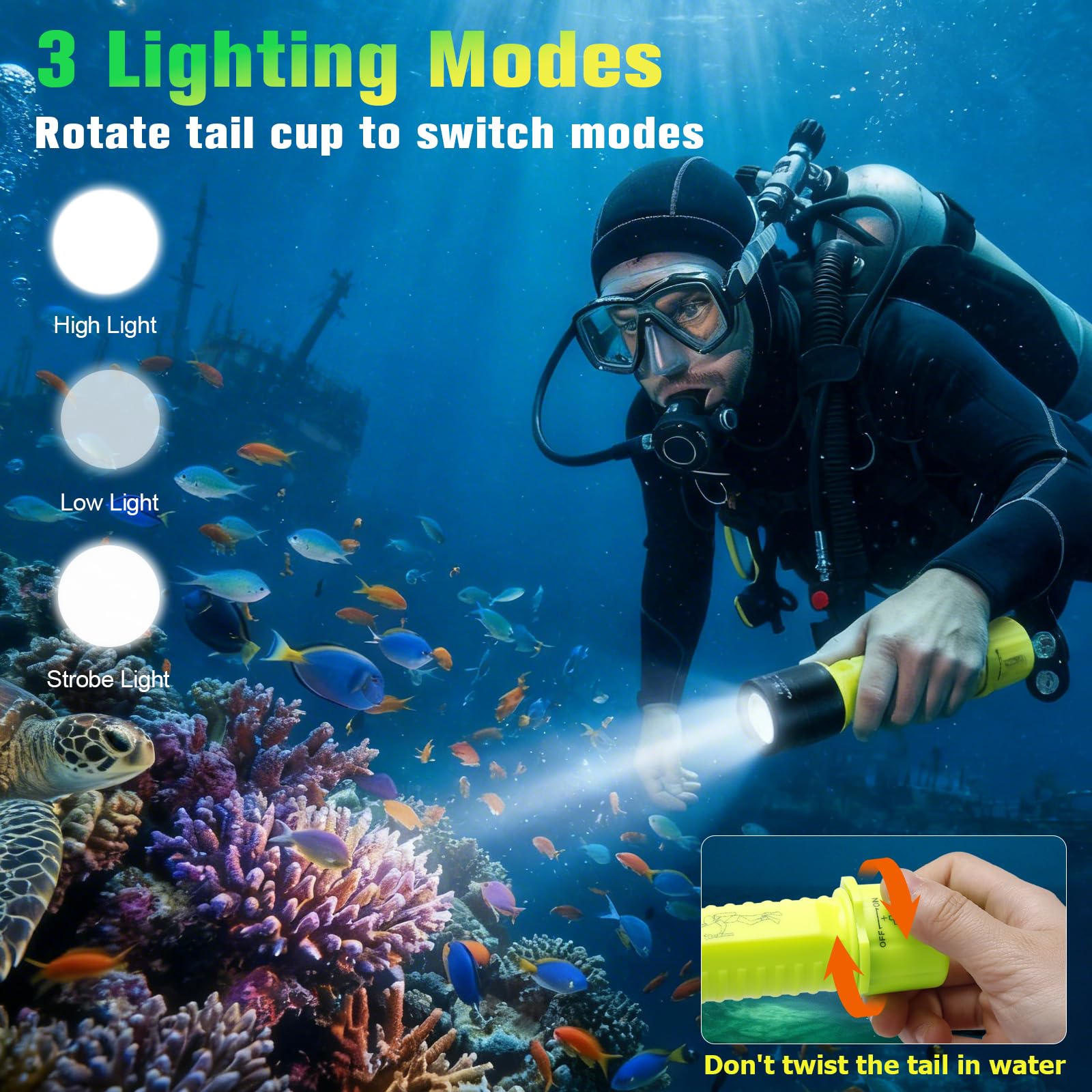 NAKCNM Tauchlampe 2 Stück, IPX8 Wasserdicht Wiederaufladbar Taucherlampe LED mit 3 Modi, 1200 Lumen Batteriebetrieben Unterwasser Taschenlampe Taucherleuchte zum Tauchen, Schnorcheln, Angeln
