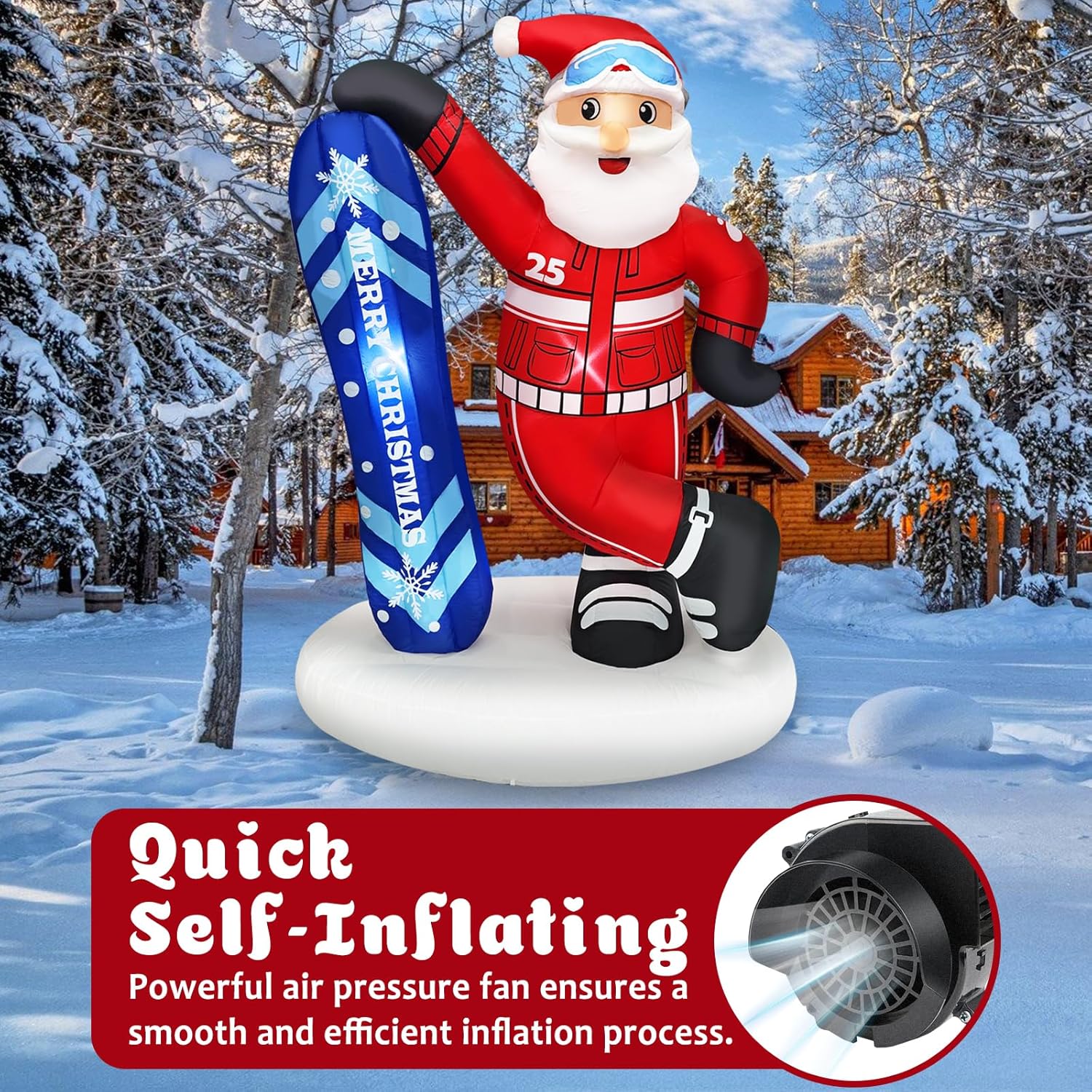 7FT Christmas Inflatable Outdoor Decoration Blow Up Santa Claus Takes Snowboard with Merry Christmas Inflate Xmas Decor Lawn Winter Sports Fans LEDs for Holiday Party Garden Yard Patio Décor - Image 5