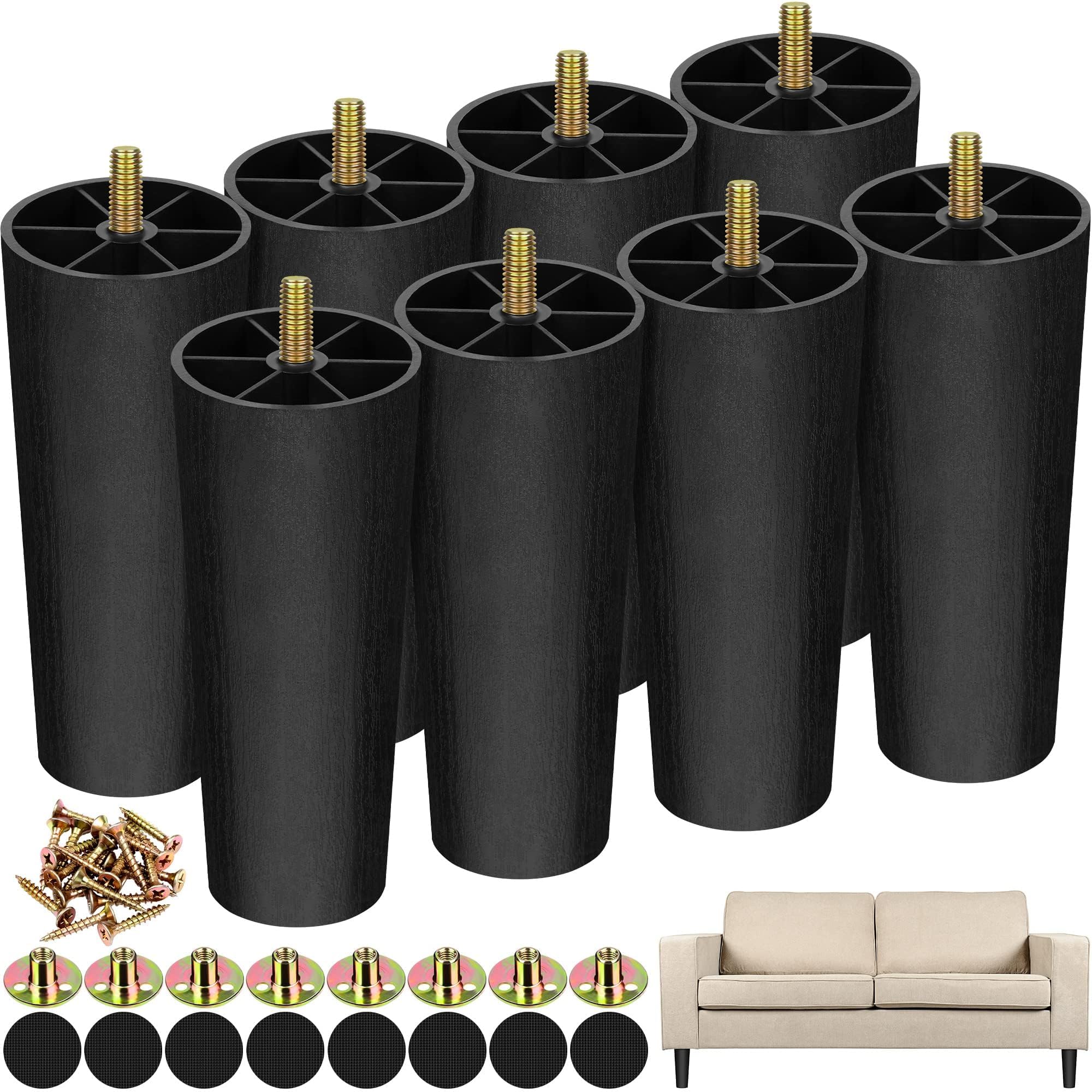 TURSTIN 12 Pack 6 Inch Plastic Furniture Legs with M8 T-Nuts Screws Tapered Sofa Couch and Chair Legs Replacement Furniture Legs for DIY Projects Sofas Coffee Tables Dressers Beds