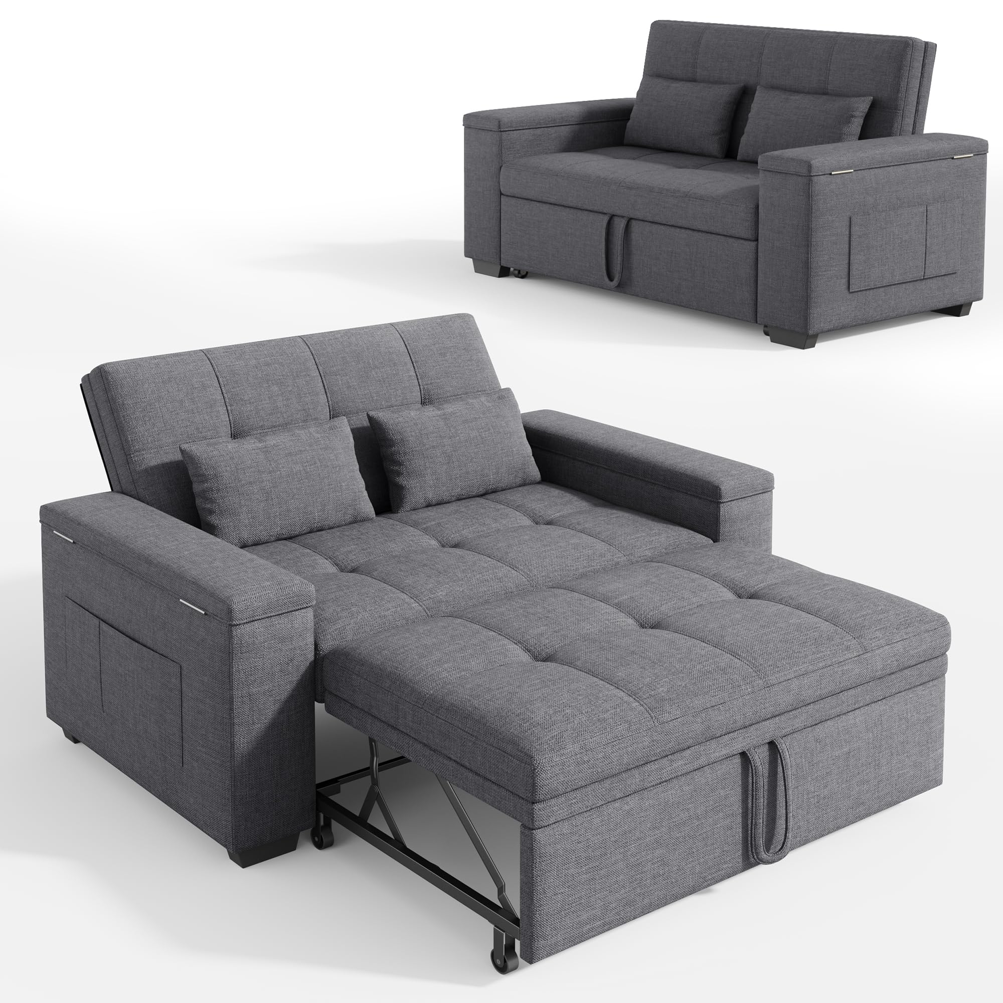 Xbro Divano Letto 2 Posti in Lino, Letto Esteso 175x116 cm, Convertibile 3 in 1 con 2 Cuscini e Tasche Laterali, Compatto Salvaspazio per Soggiorno e Camera Ospiti, 156x74x84 cm, Grigio Scuro