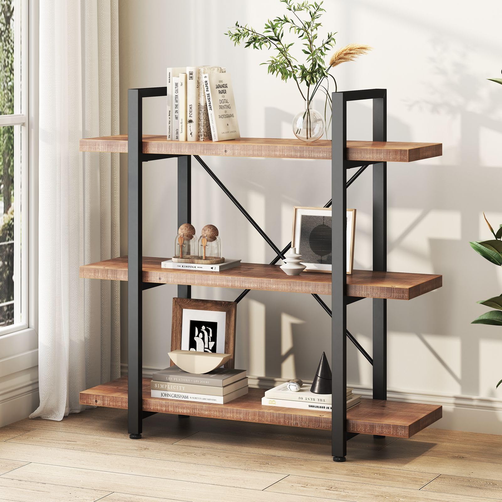 HSH Natural Real Wood Bookshelf, 3 Tier Rustic Vintage Industrial