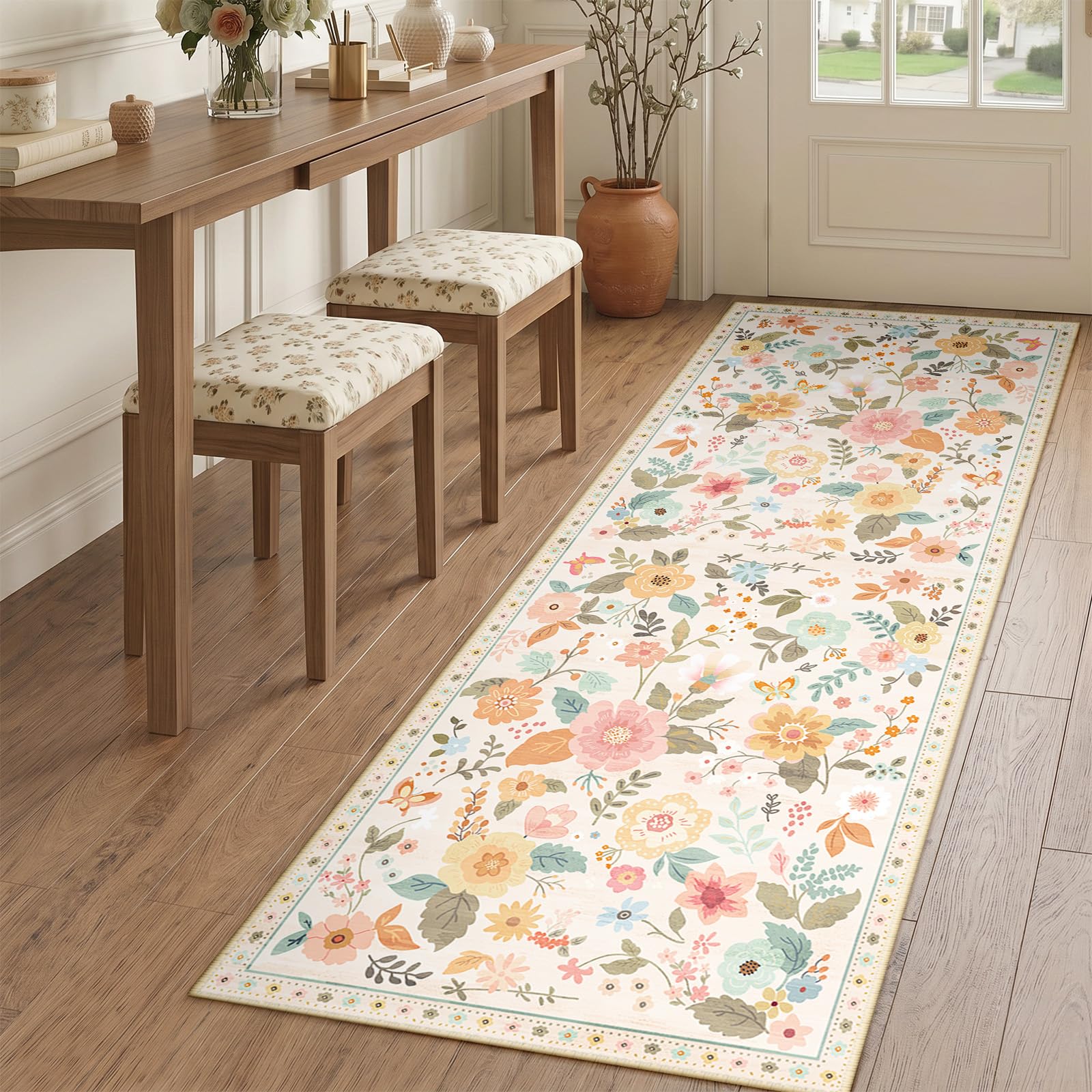 DEFYNEE Runner Rugs for Hallway, 60×180cm Floral Rug, Non-Slip 5.88mm Low Pile Boho Vintage Floral Carpet with Printed Design for Kitchen, Bedroom, Entryway, Lounge, Bedside, Beige/White/Orange