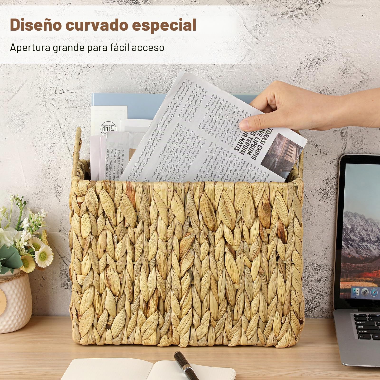 Revistero estable de jacinto de agua, cesta de almacenamiento tejida con asa, soporte de archivo pintado a mano, cesta de mimbre para libros, revistas, papeles como regalo, decoración 30 x 14 x