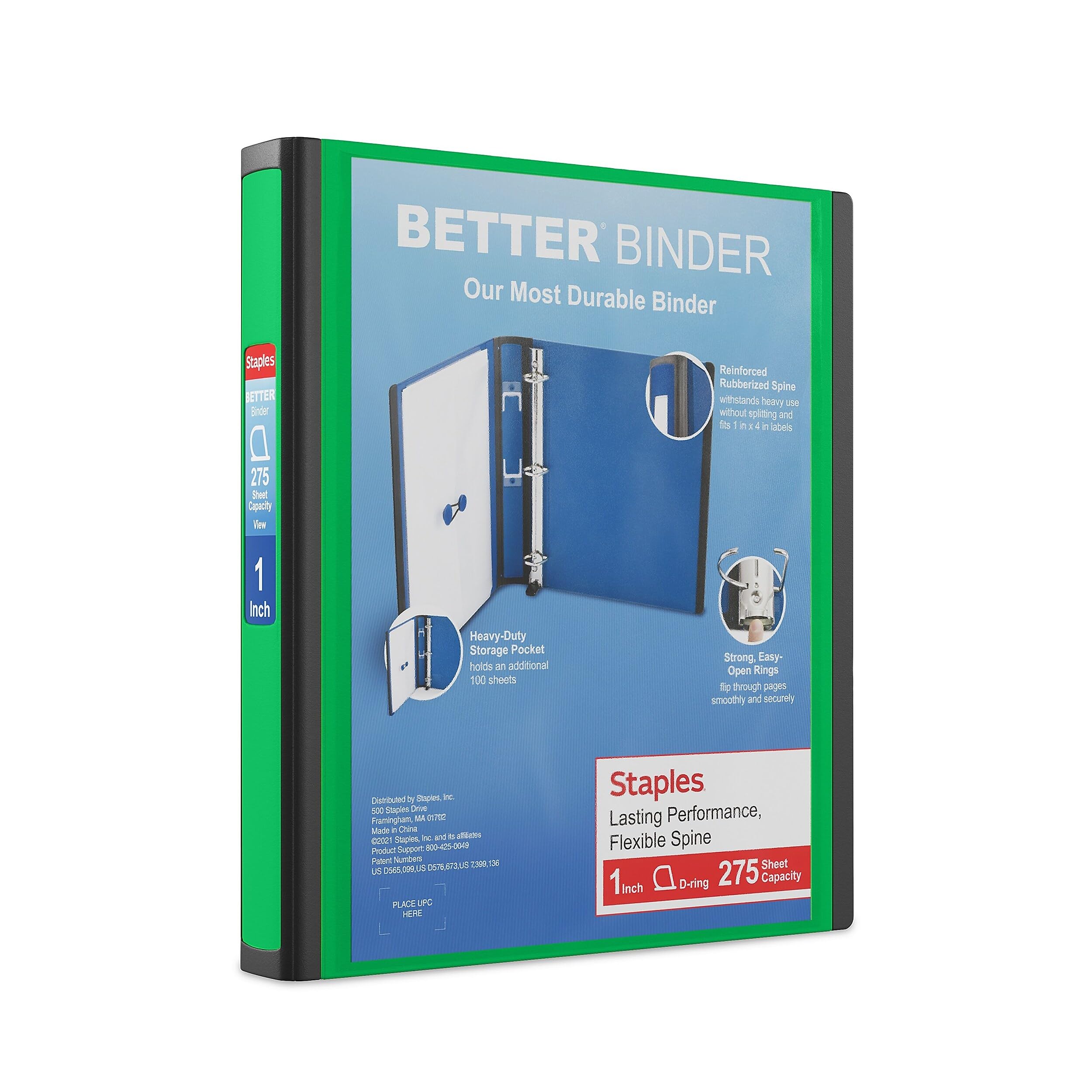 Staples Better Binder, 1" D‑Ring Heavy‑Duty 3‑Ring Binder, Green, Reinforced Spine, 275‑Sheet Capacity, Durable for School, Office & Reports, 3‑Pack