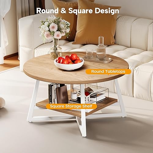 Miniatura 5 de Mesa de Café para Sala de Estar, Mesa de Café Redonda, Mesa de Café Pequeña Circular con Almacenamiento, Mesa Central Redonda Moderna de Madera para