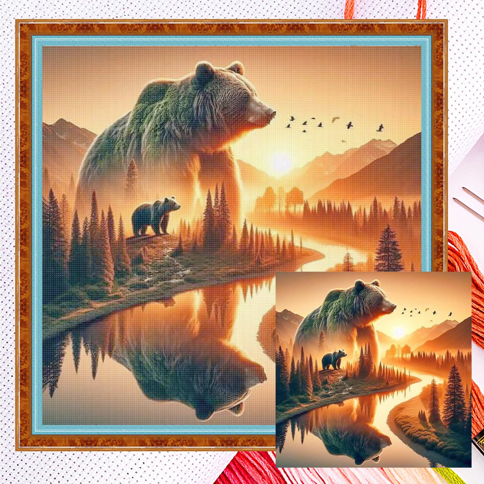Poetrydraw Bear Full 11Ct 3 Strands Diy Counted Cross Stitch Kits Embroidery Needlepoint Starter Cross Stitch Patterns Arts Craft Kits For Beginners Adults Home Decor 45X45cm (Bear)