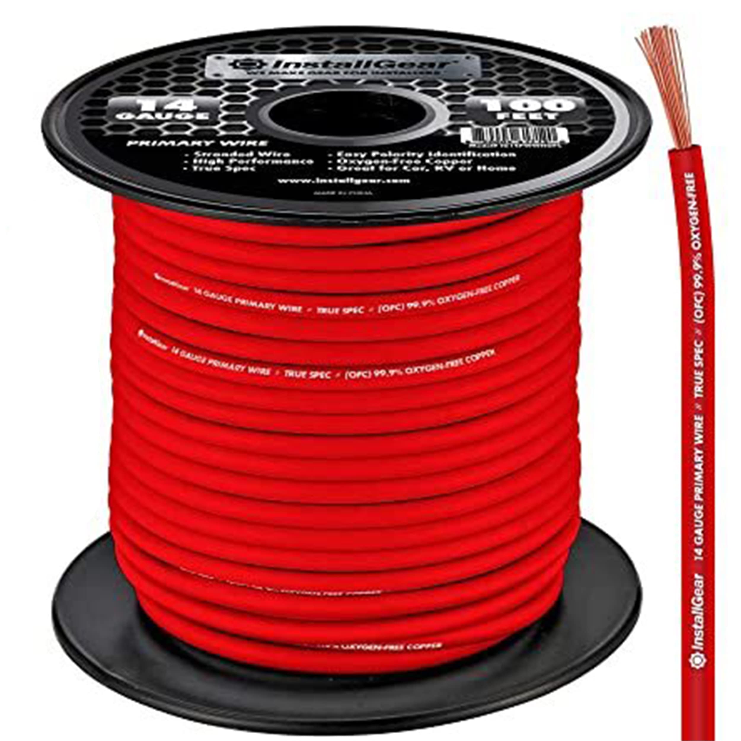 InstallGear 14 Gauge OFC Primary Remote Wire, 100feet Red Speaker