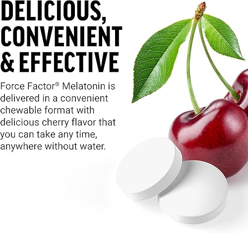 Miniatura 3 de FORCE FACTOR Melatonina masticable de 5 mg, suplemento sin medicamentos, vegano, sin OMG, sabor a cereza, 120 tabletas